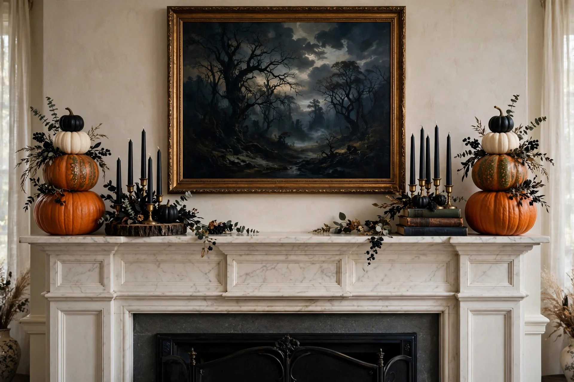 Symmetrical Halloween mantel with matching candle and pumpkin pairs