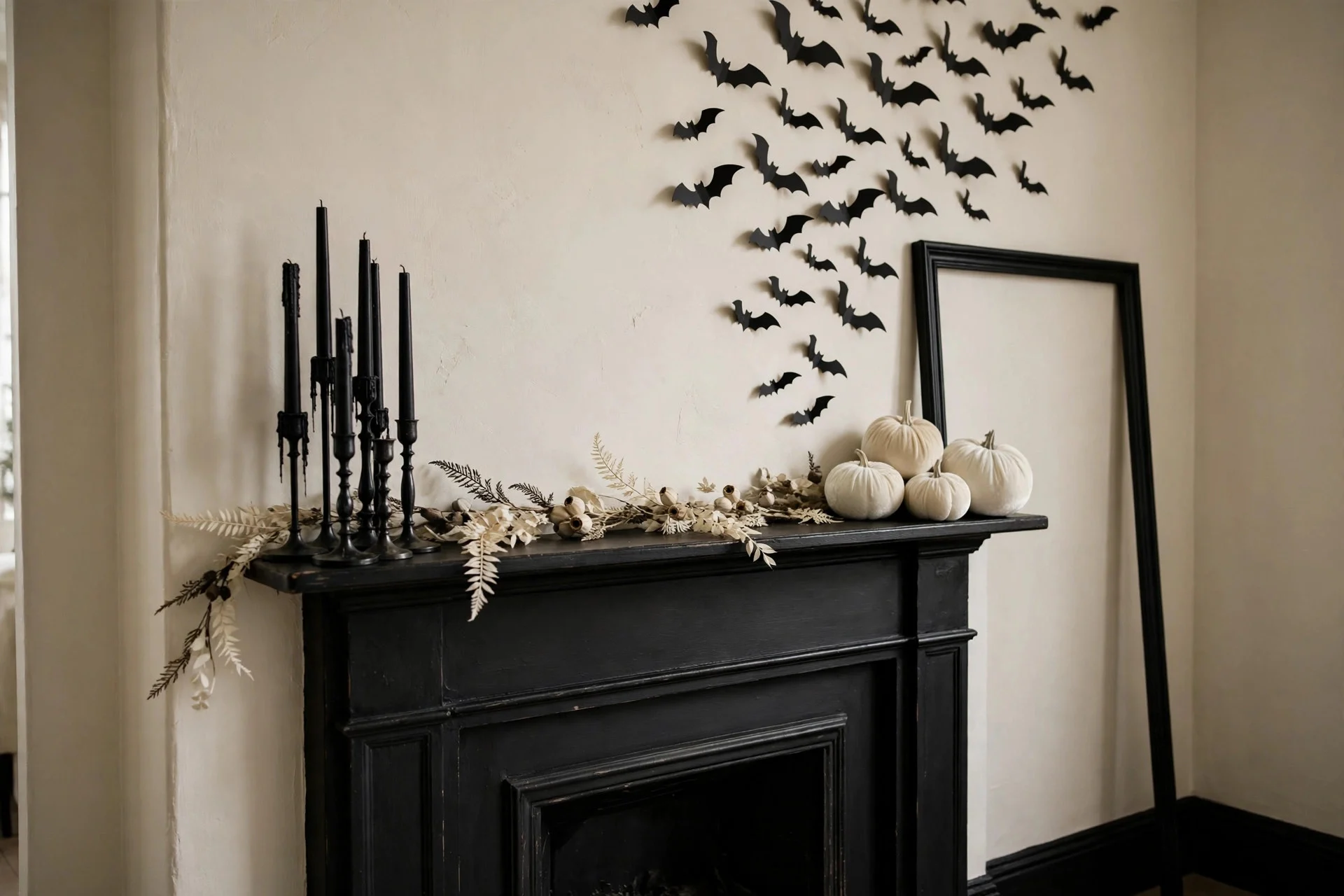 Small narrow mantel styled with three Halloween elements