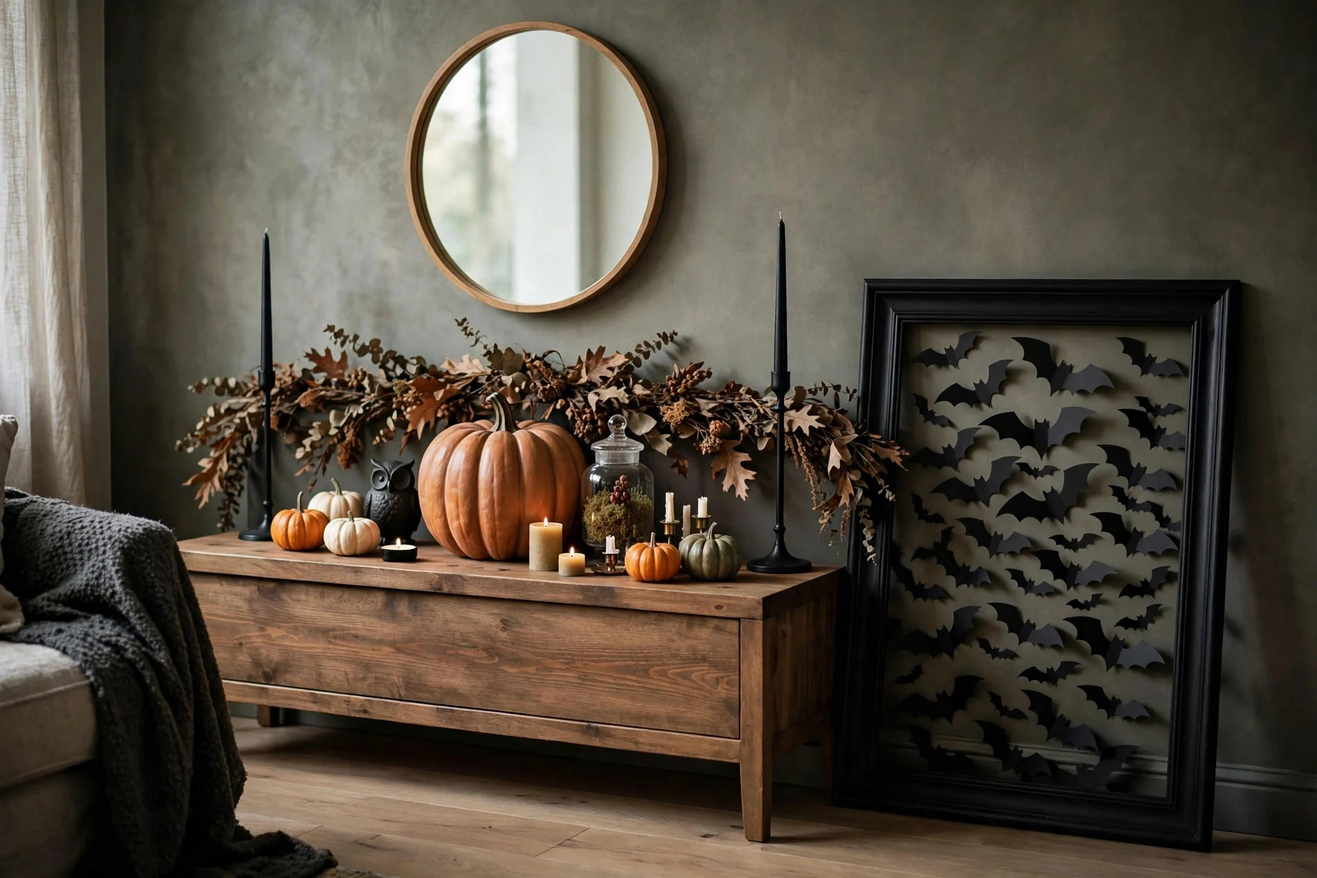 Faux mantel styled on a console table with mirror and bat art
