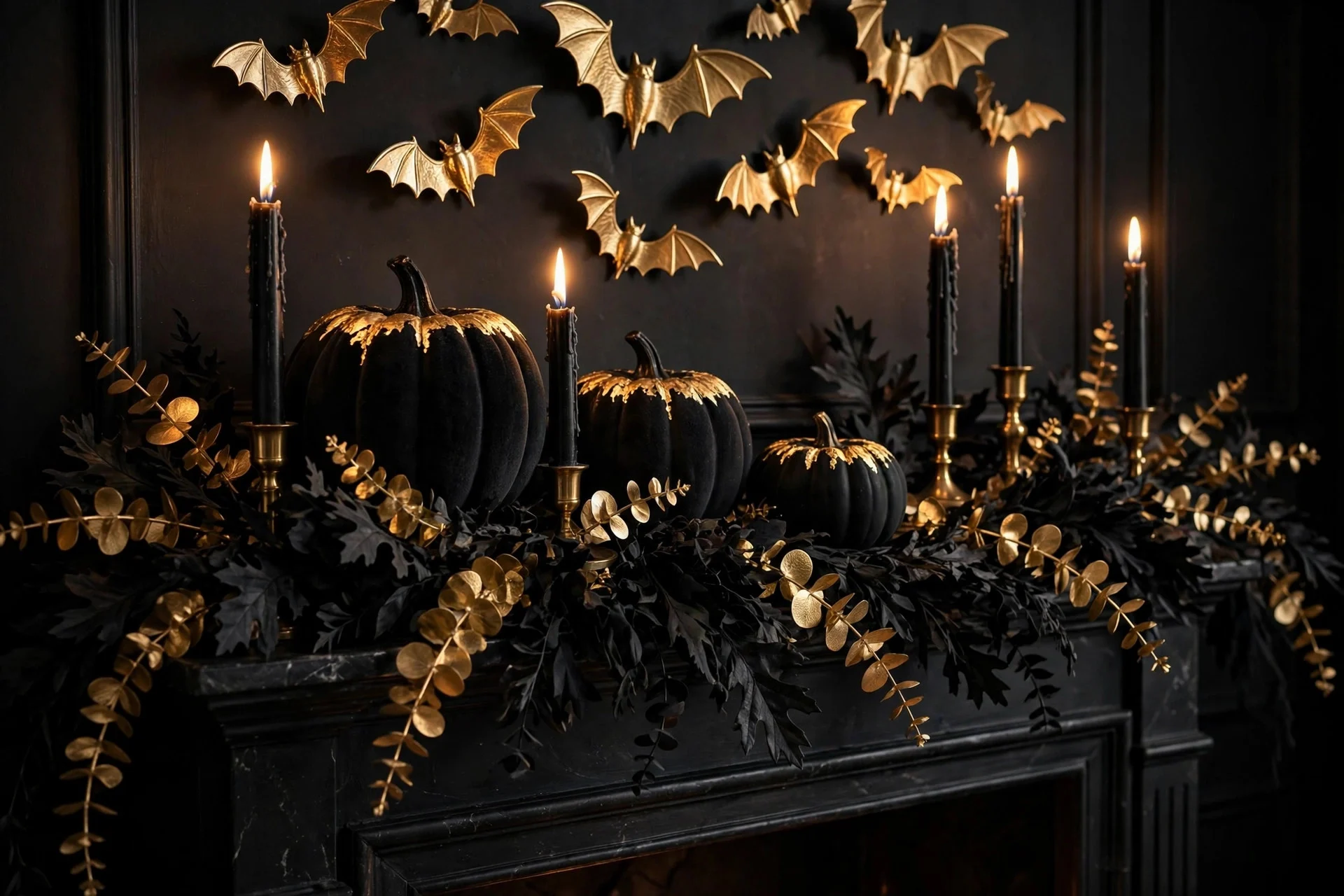 Black and gold glam Halloween mantel with brass candle holders