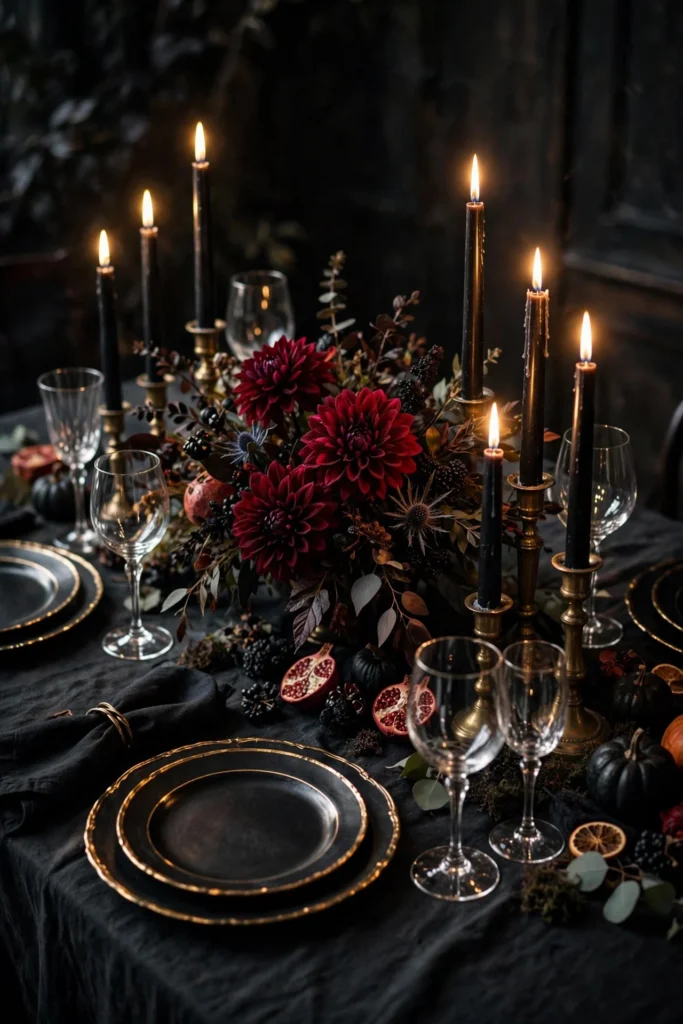 Moody Halloween dinner party tablescape with black candles and burgundy flowers