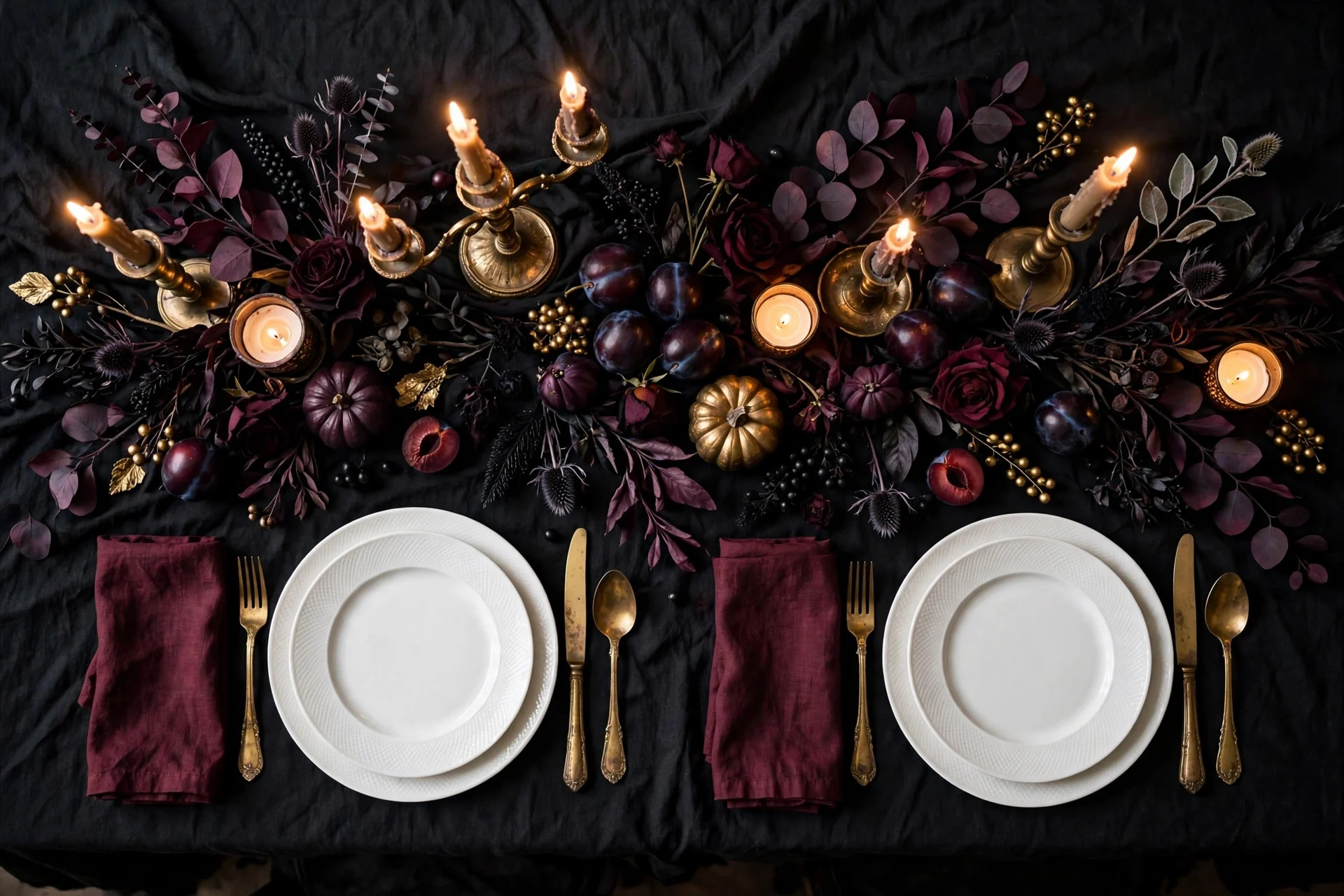Halloween dinner table in a moody black and burgundy palette