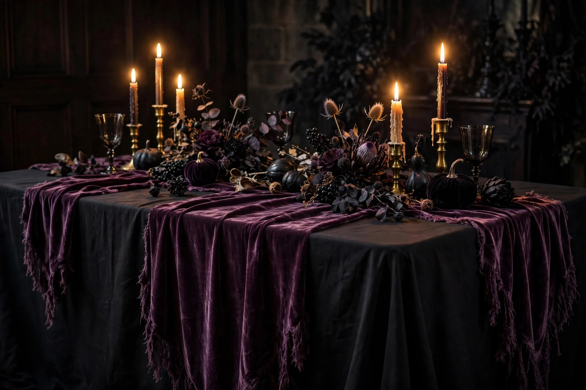 Burgundy velvet runner layered over a black Halloween tablecloth