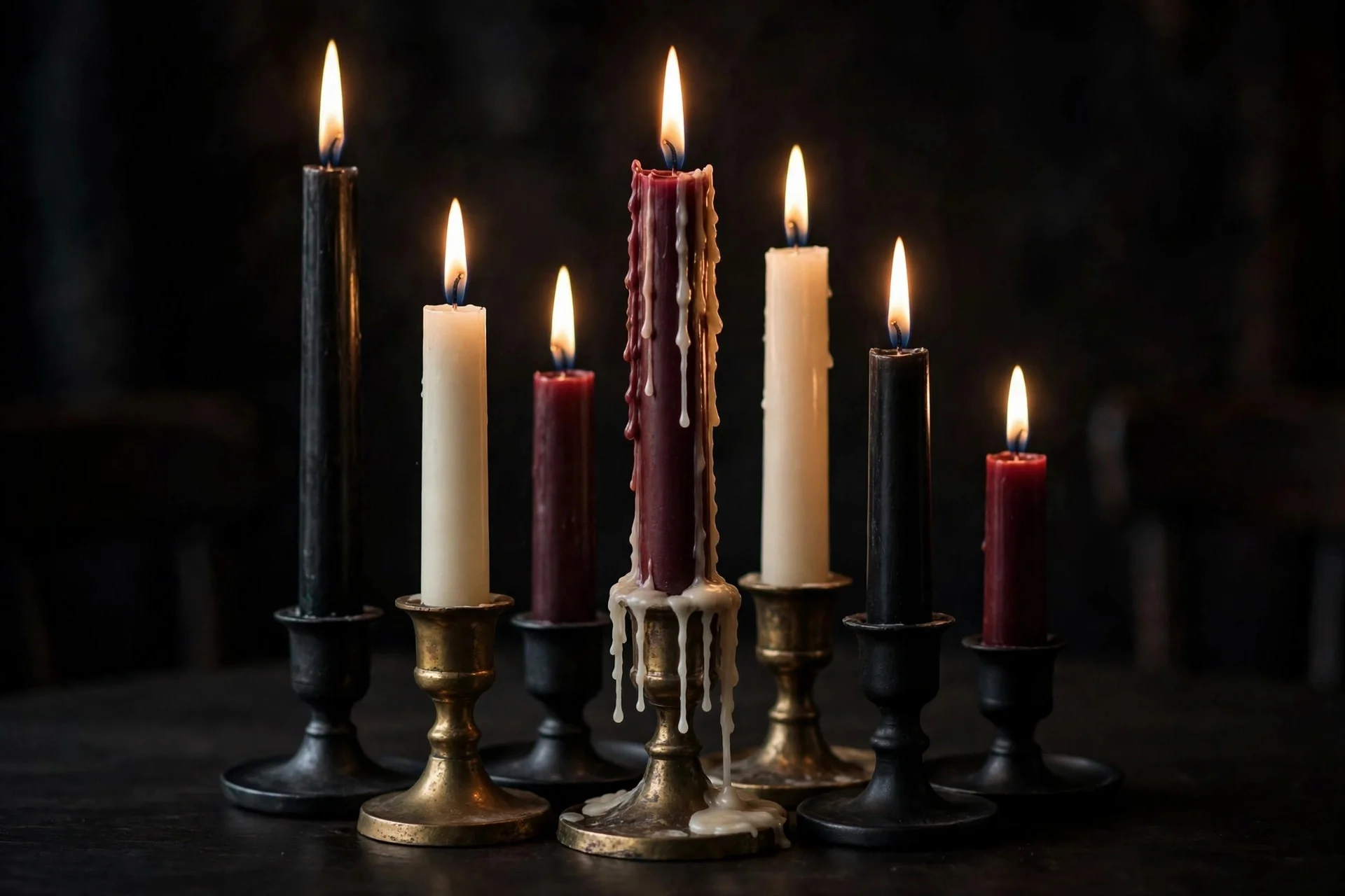 Tall taper candles in brass holders down a Halloween dinner table