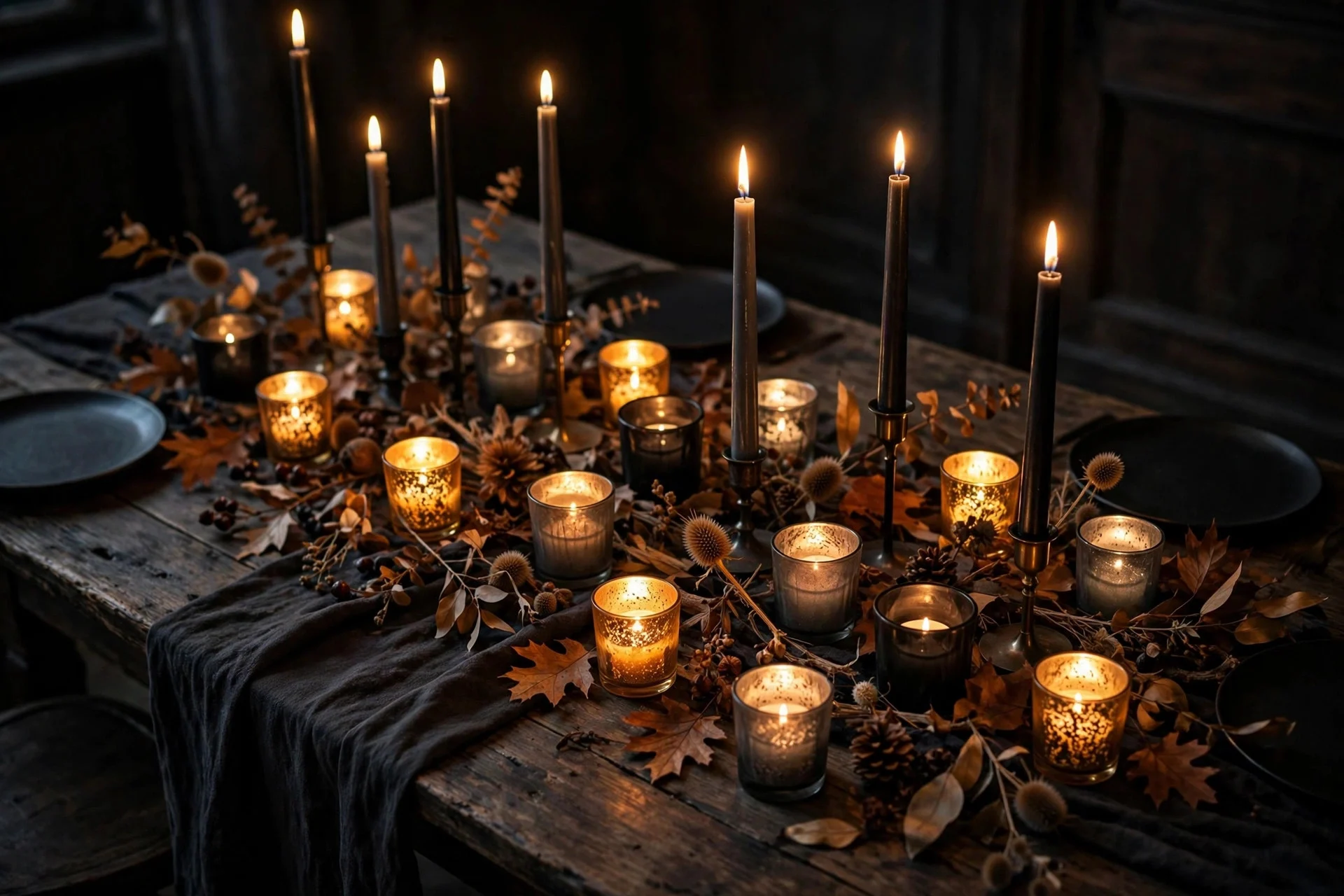 Mercury glass votive candles clustered on a Halloween table
