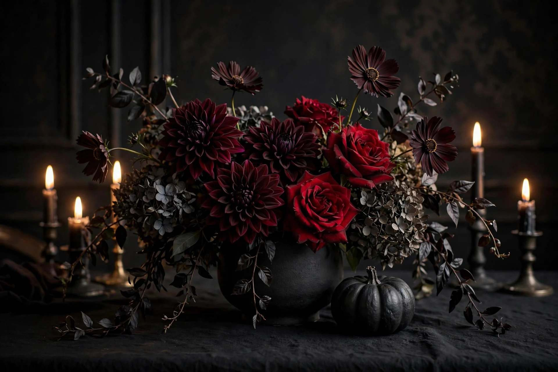 Dark floral centerpiece with burgundy dahlias in a black vase