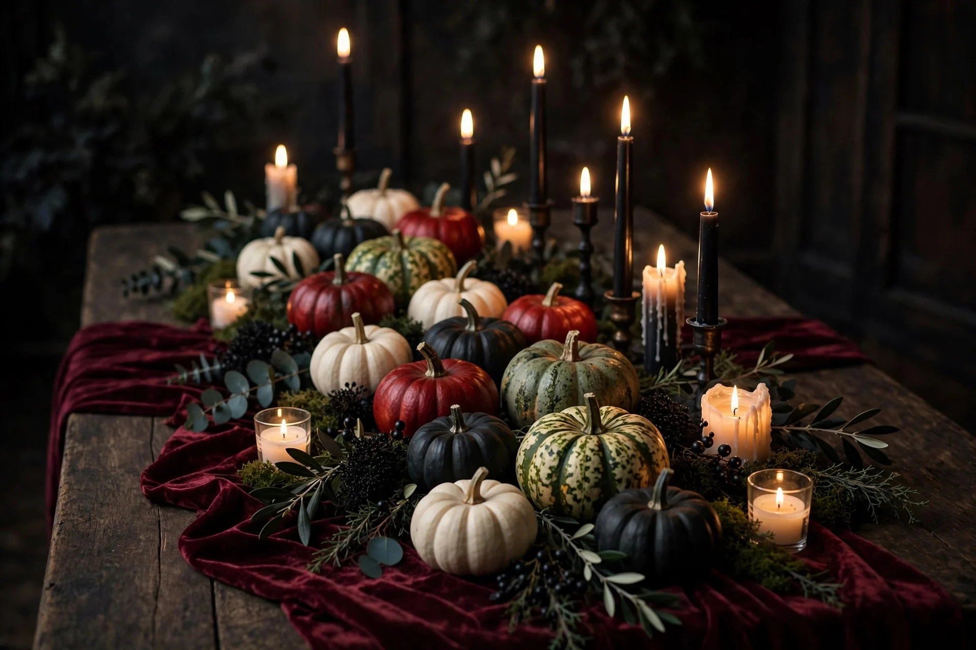 Mini pumpkins in mixed colors running down a Halloween table