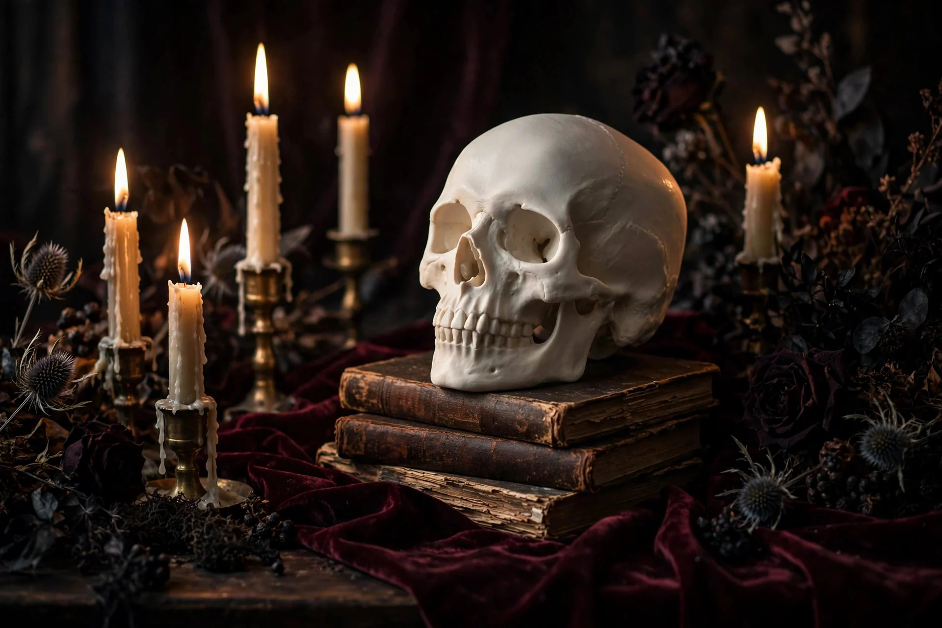 Single sculptural skull styled as Halloween table decor