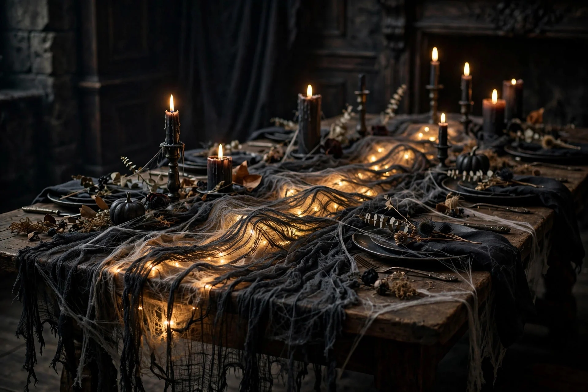 Tattered black cheesecloth runner on a Halloween dinner table