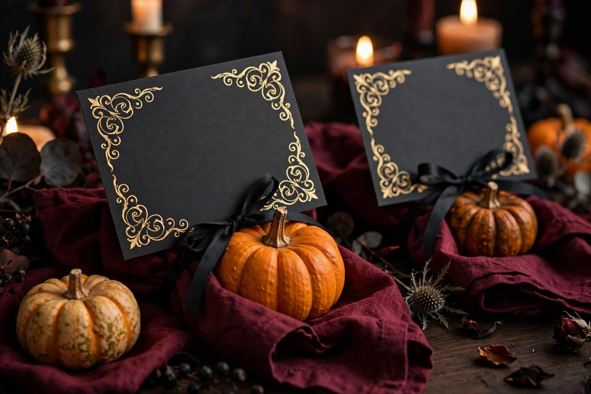 Halloween place cards tied with black ribbon on a dinner table
