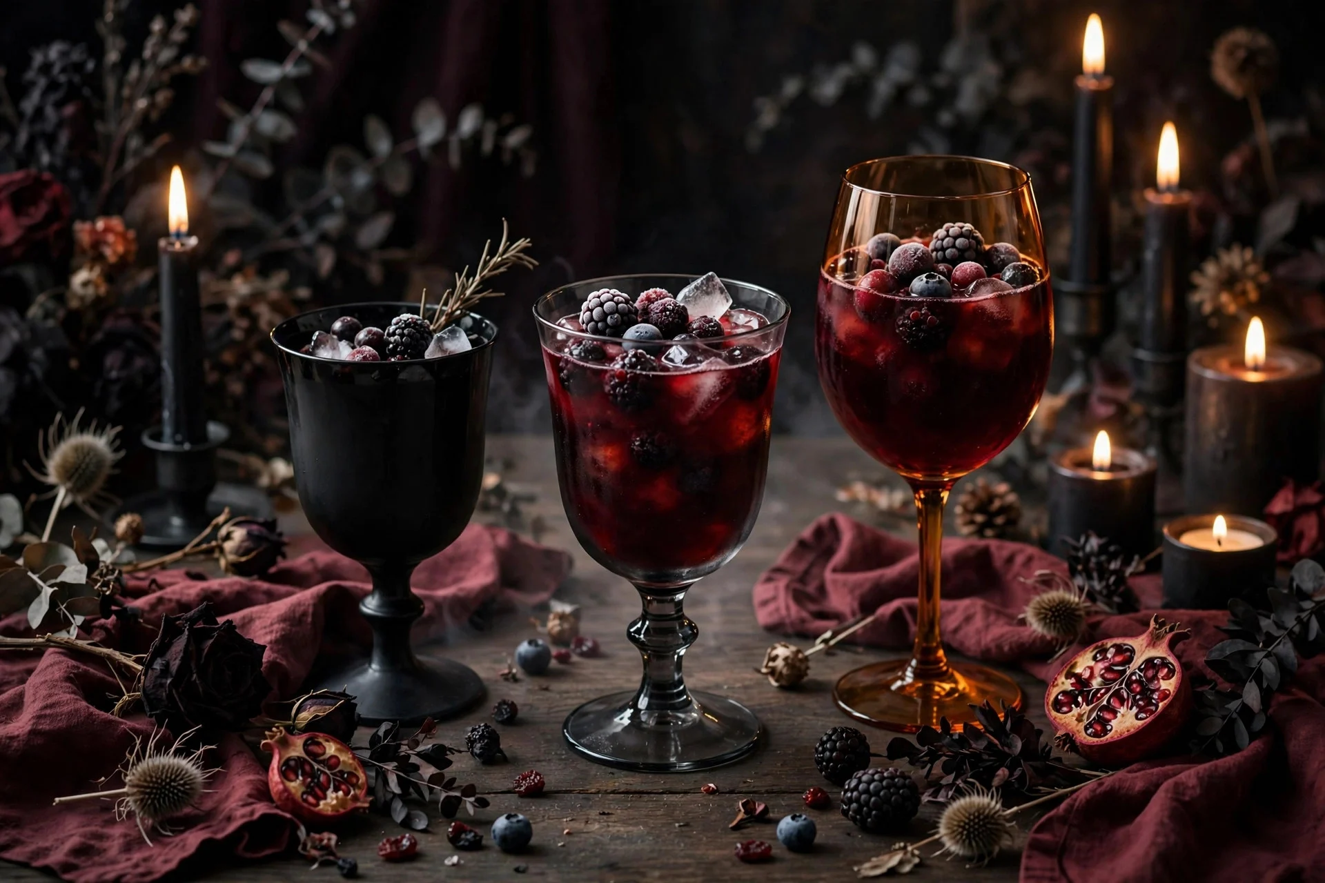Black and smoked glass goblets on a Halloween dinner table
