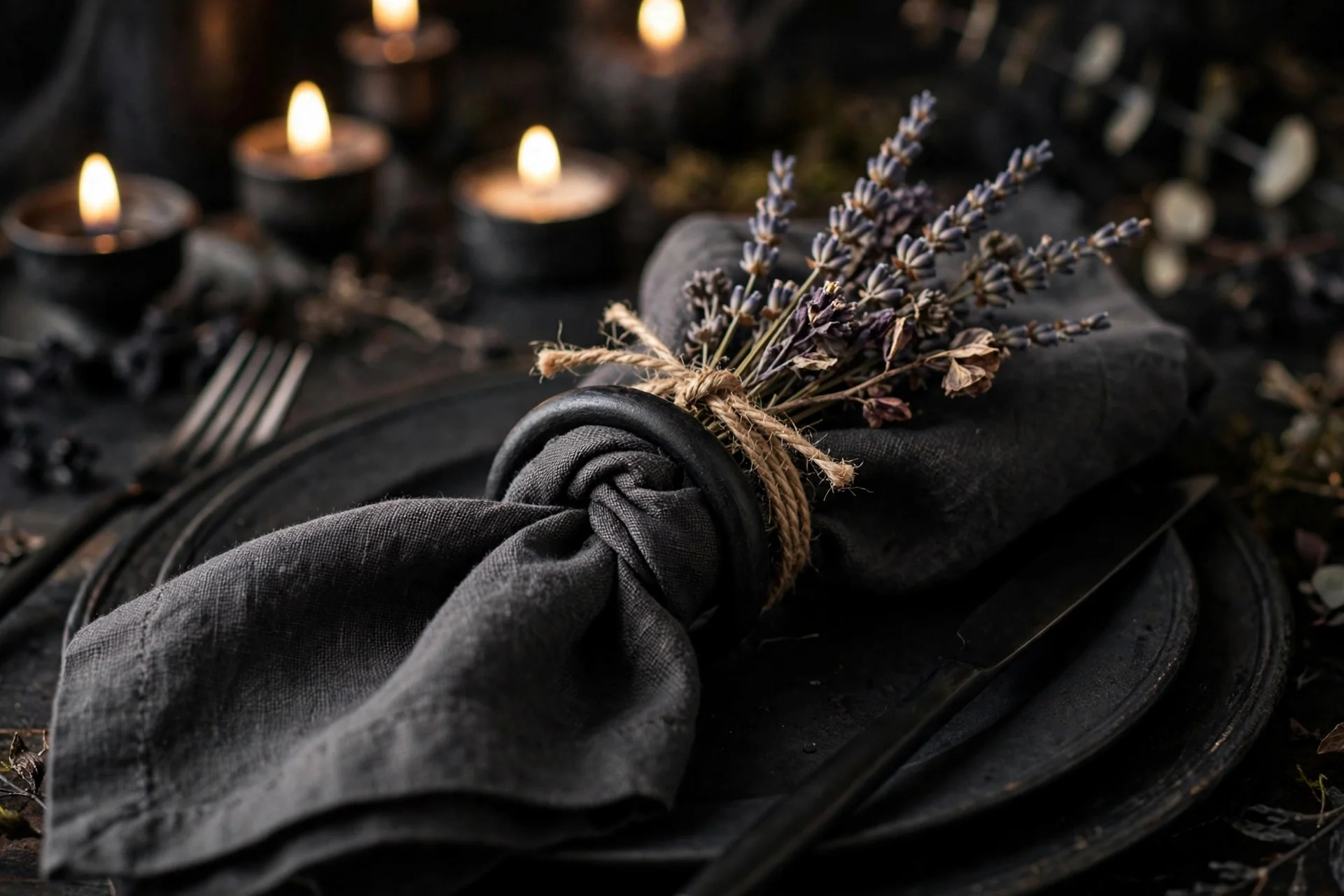 Knotted napkin with black ring and dried sprigs for Halloween