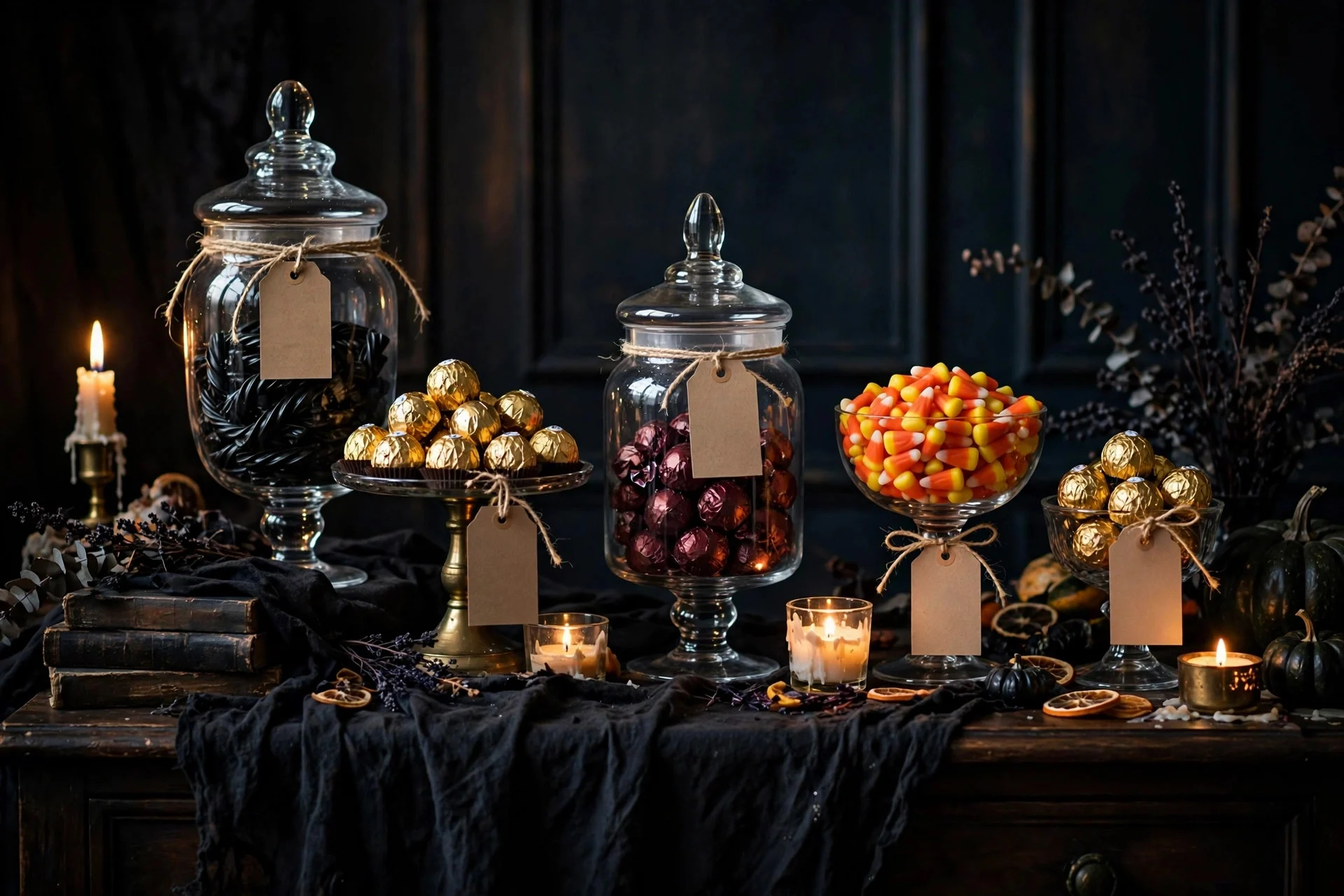 Candy apothecary dessert station with labeled glass jars