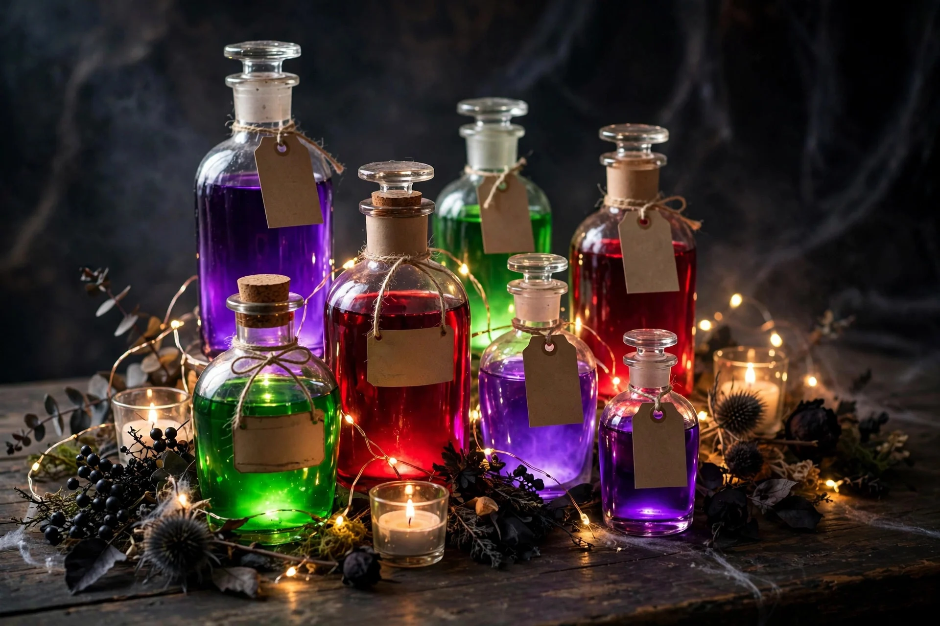 Vintage potion bottles glowing on a Halloween dinner table