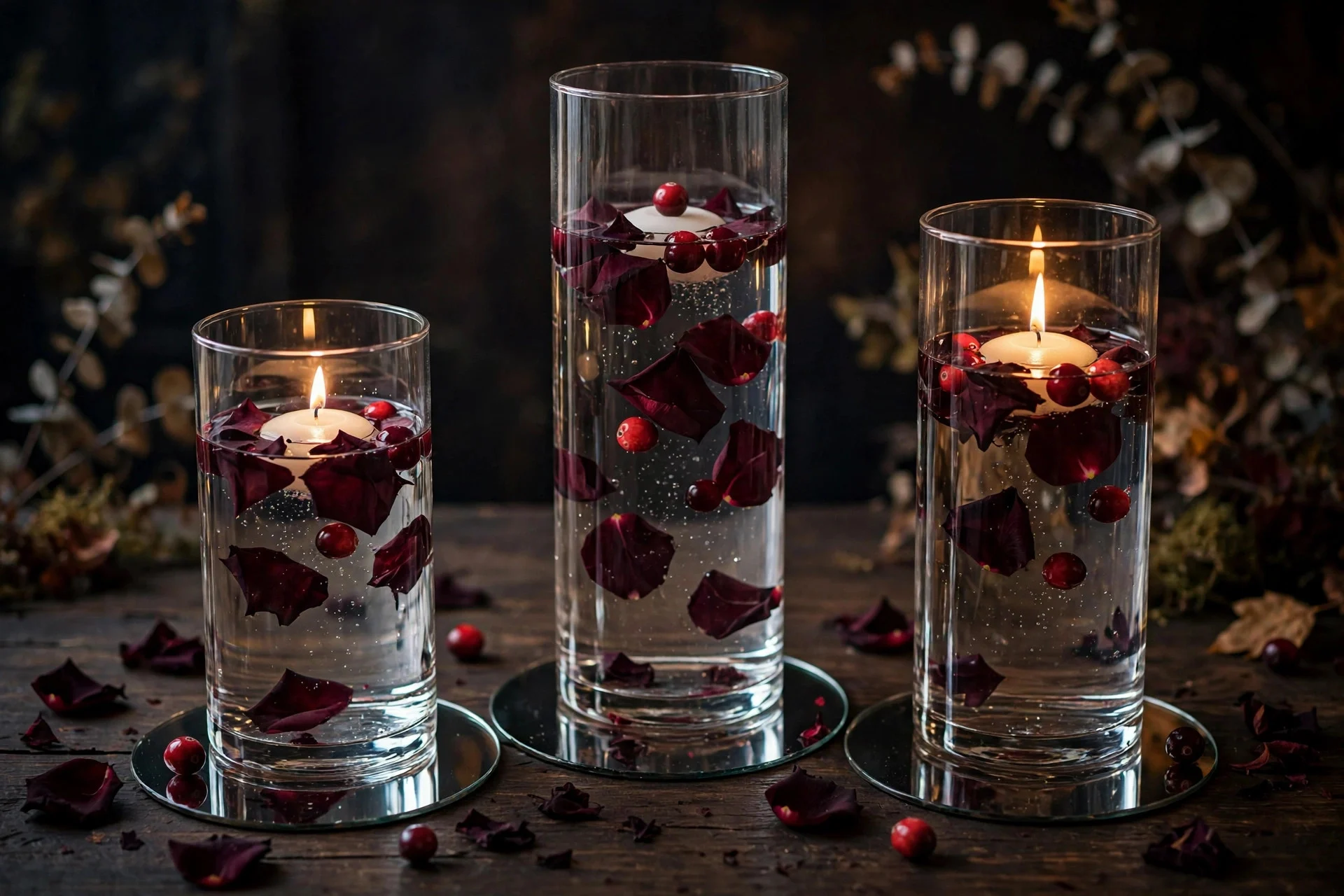 Floating candles in tall glass cylinders as Halloween centerpiece