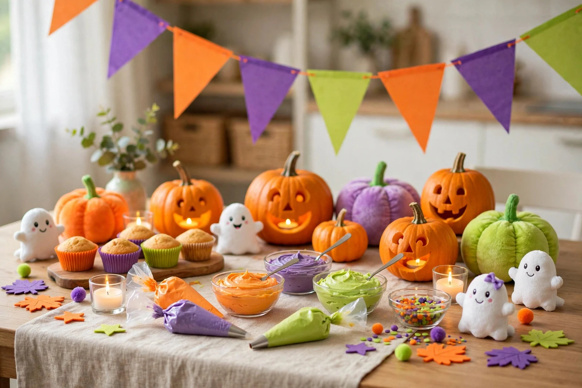 Kid-friendly Halloween table with smiling pumpkins and bright colors