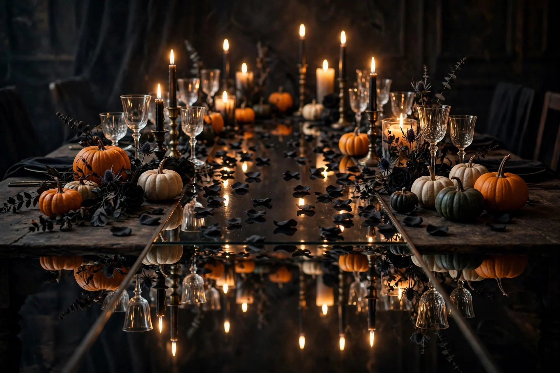 Long mirror used as a reflective Halloween table runner