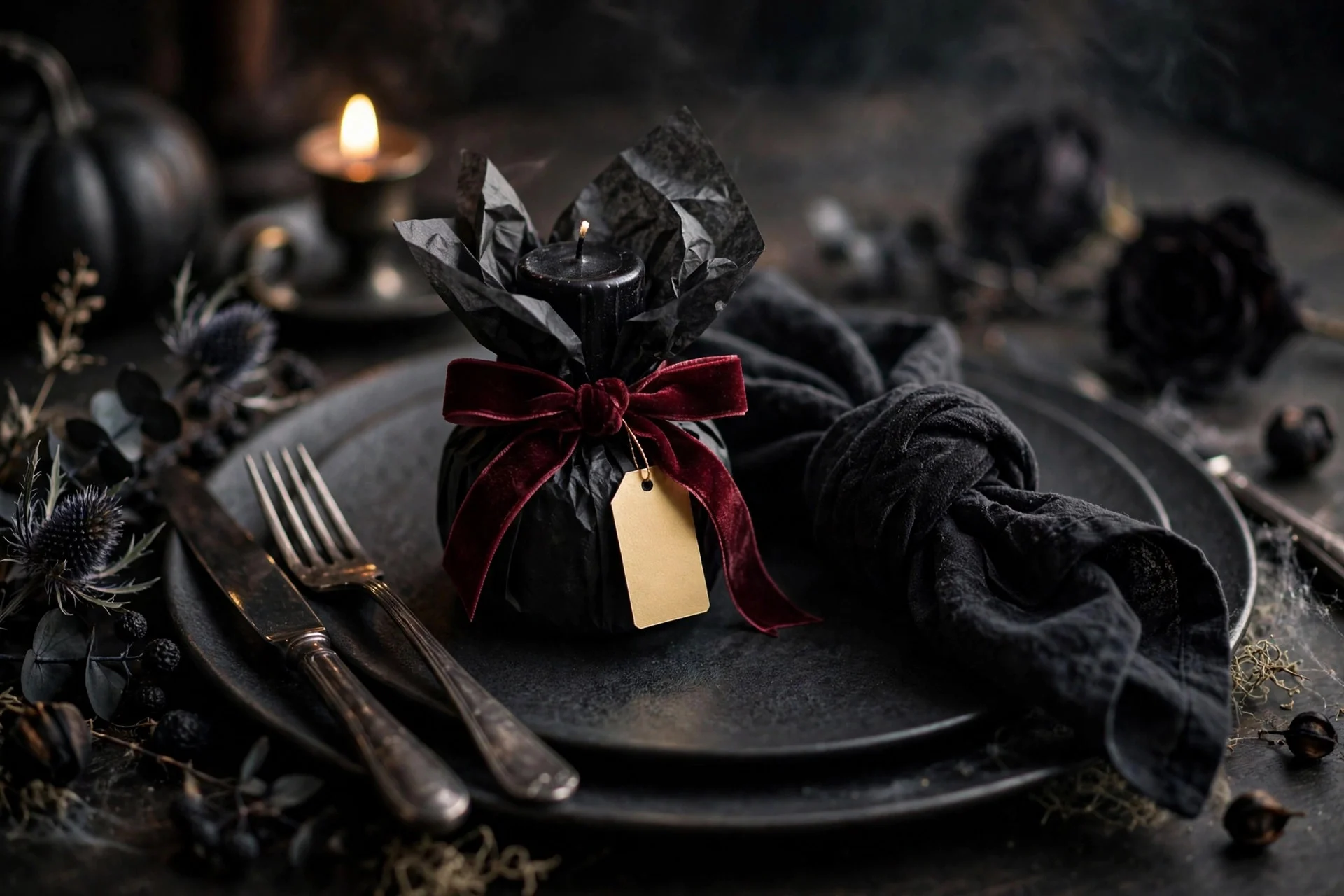Take-home Halloween favor wrapped at each dinner place setting