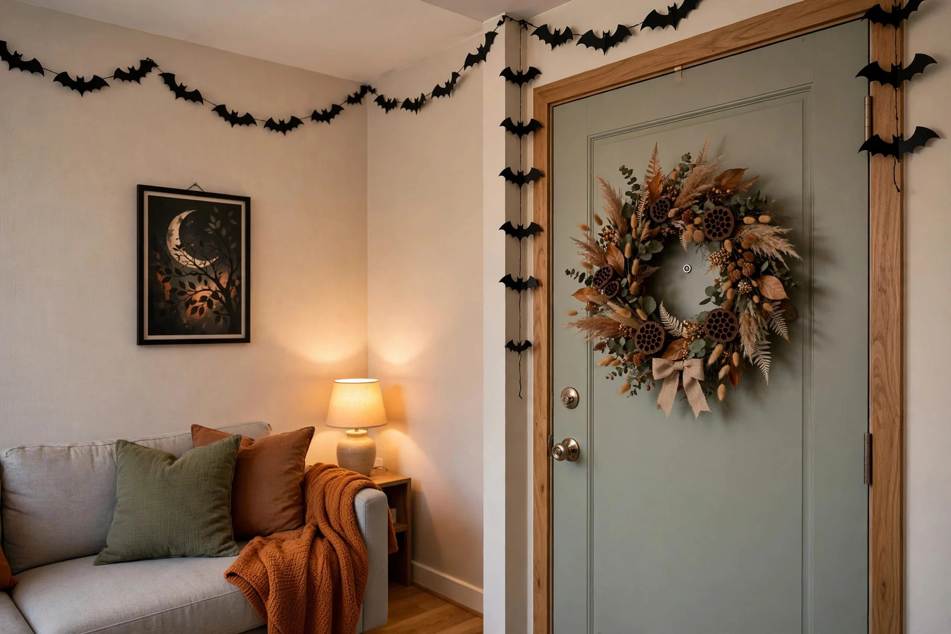 Paper bat garland along the top of an apartment wall with wreath on door