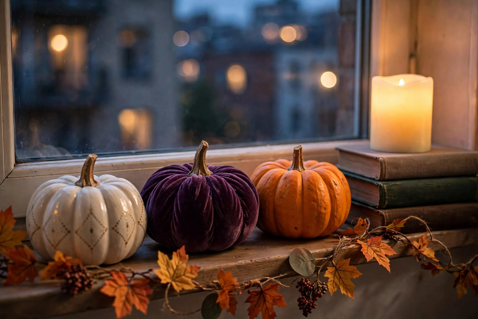 Apartment windowsill styled as a mini Halloween mantel with pumpkins