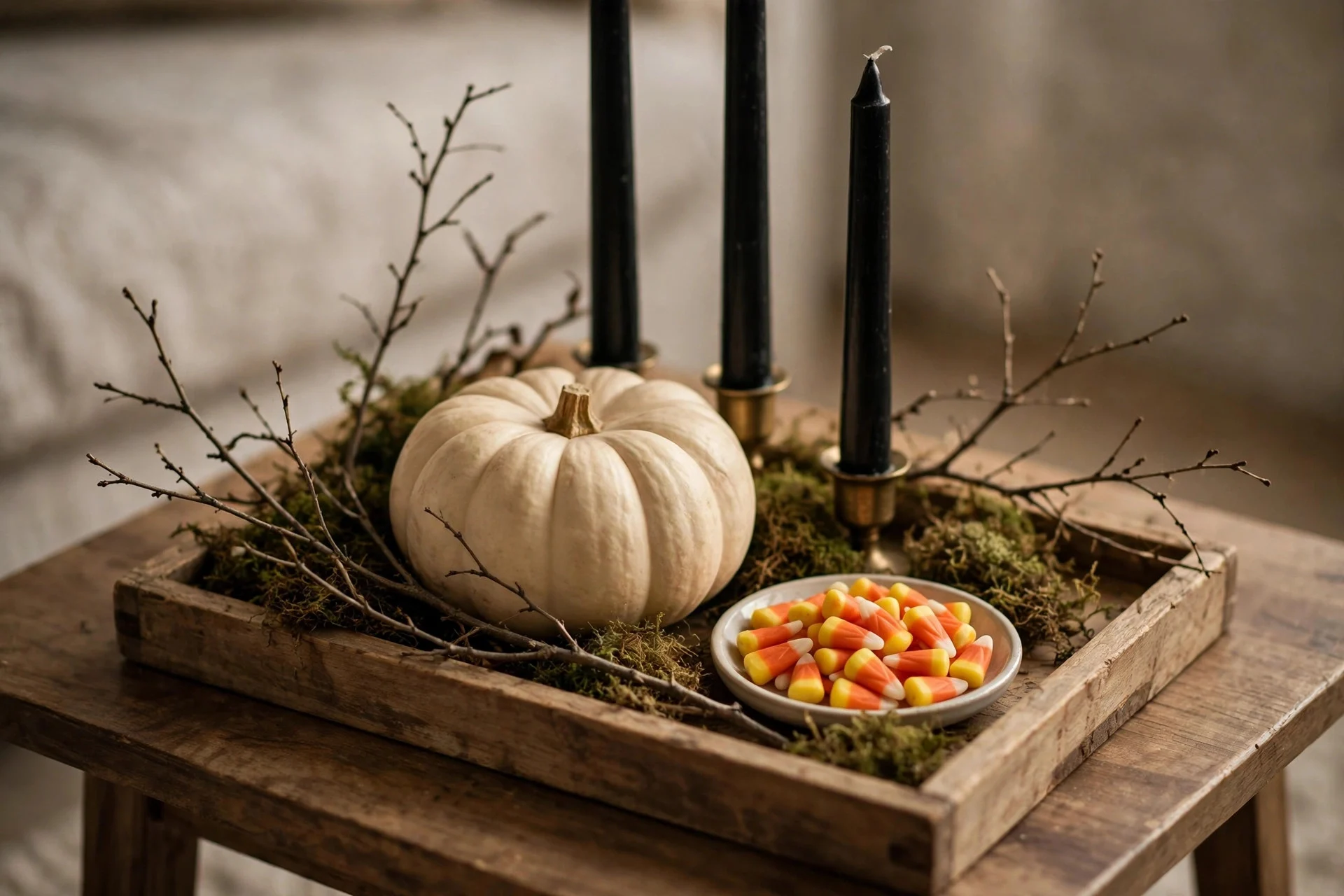 Wooden tray with Halloween vignette on a small apartment coffee table