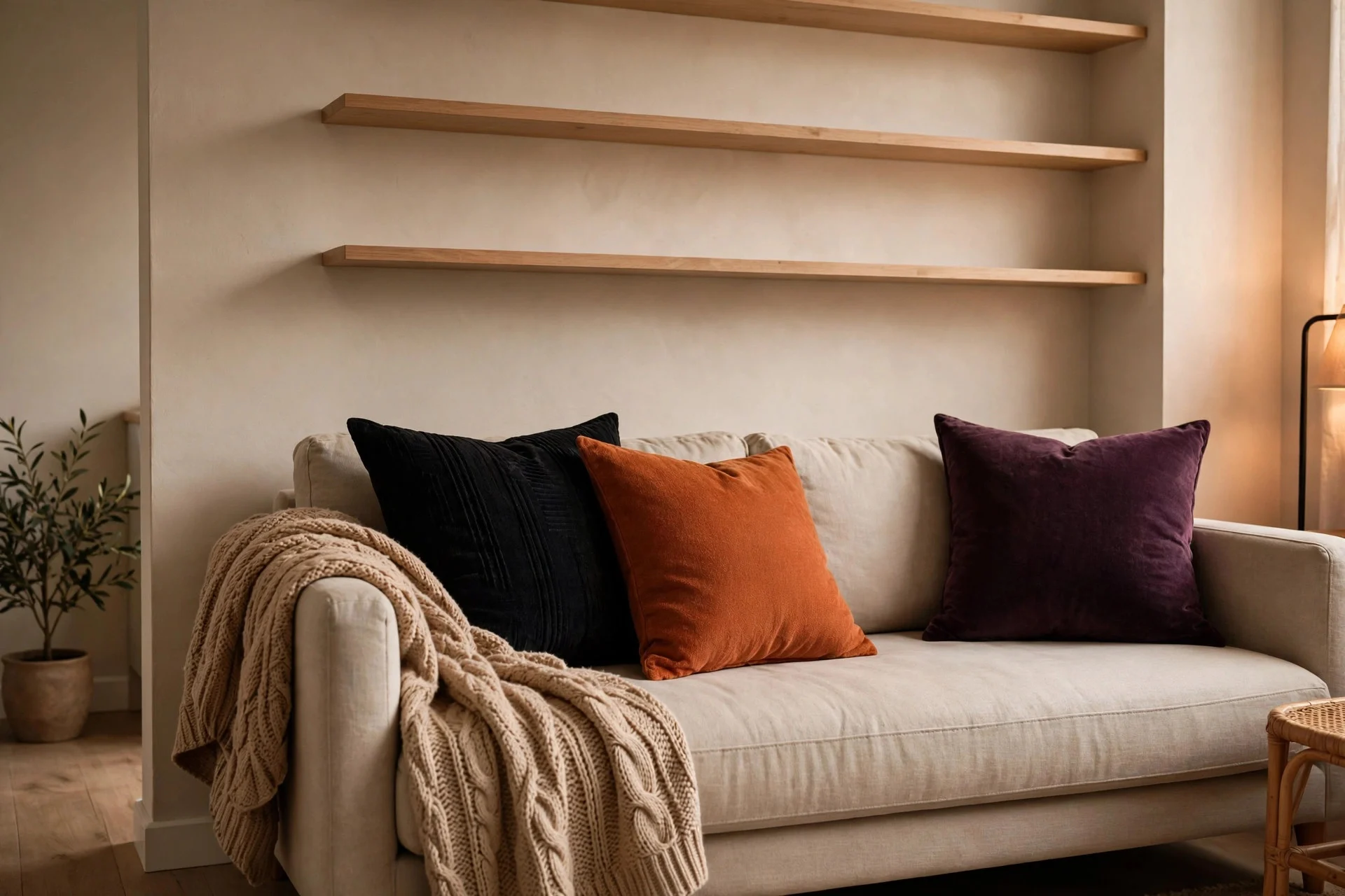 Sofa with black and burnt-orange Halloween pillow covers and throw