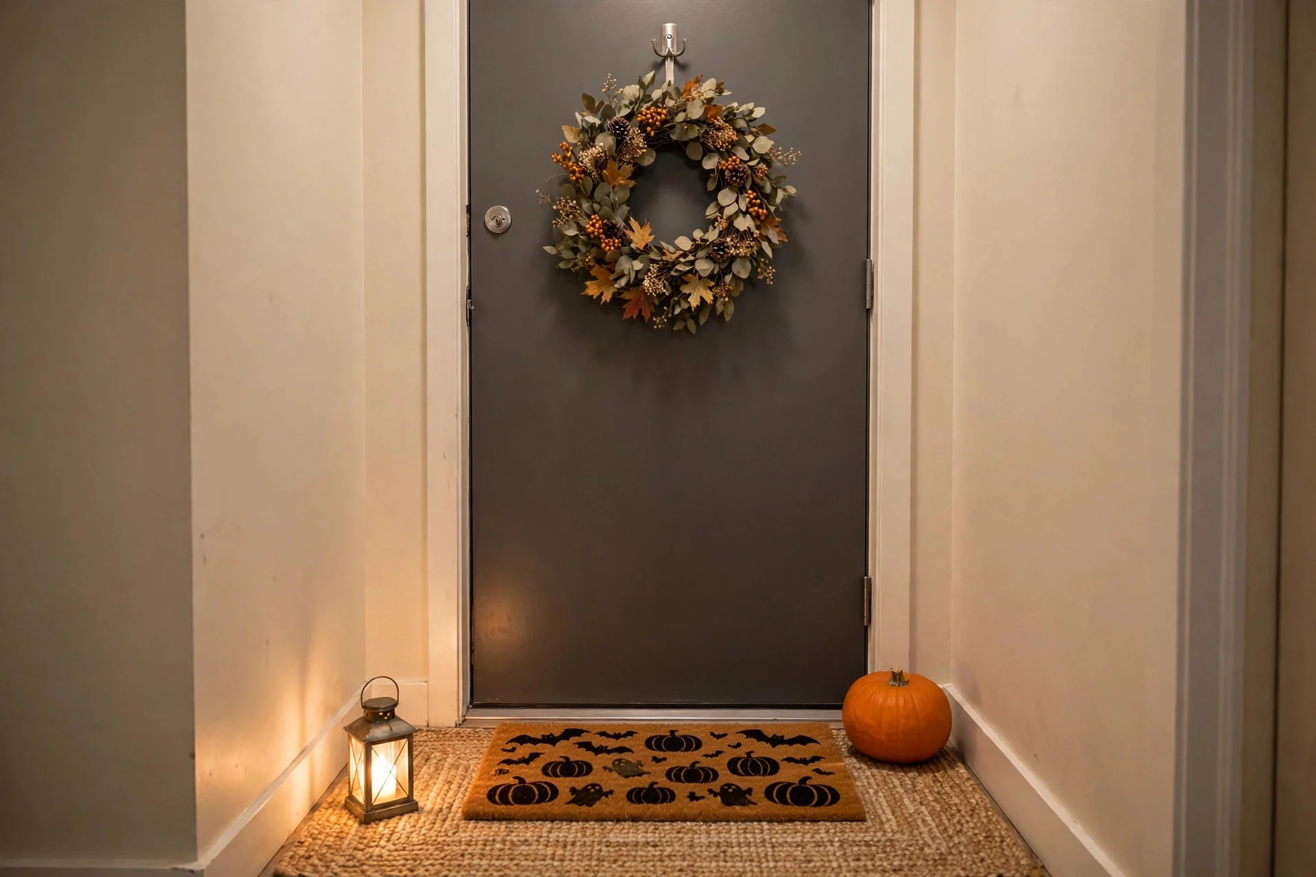 Small apartment entryway with layered doormat, wreath and lantern