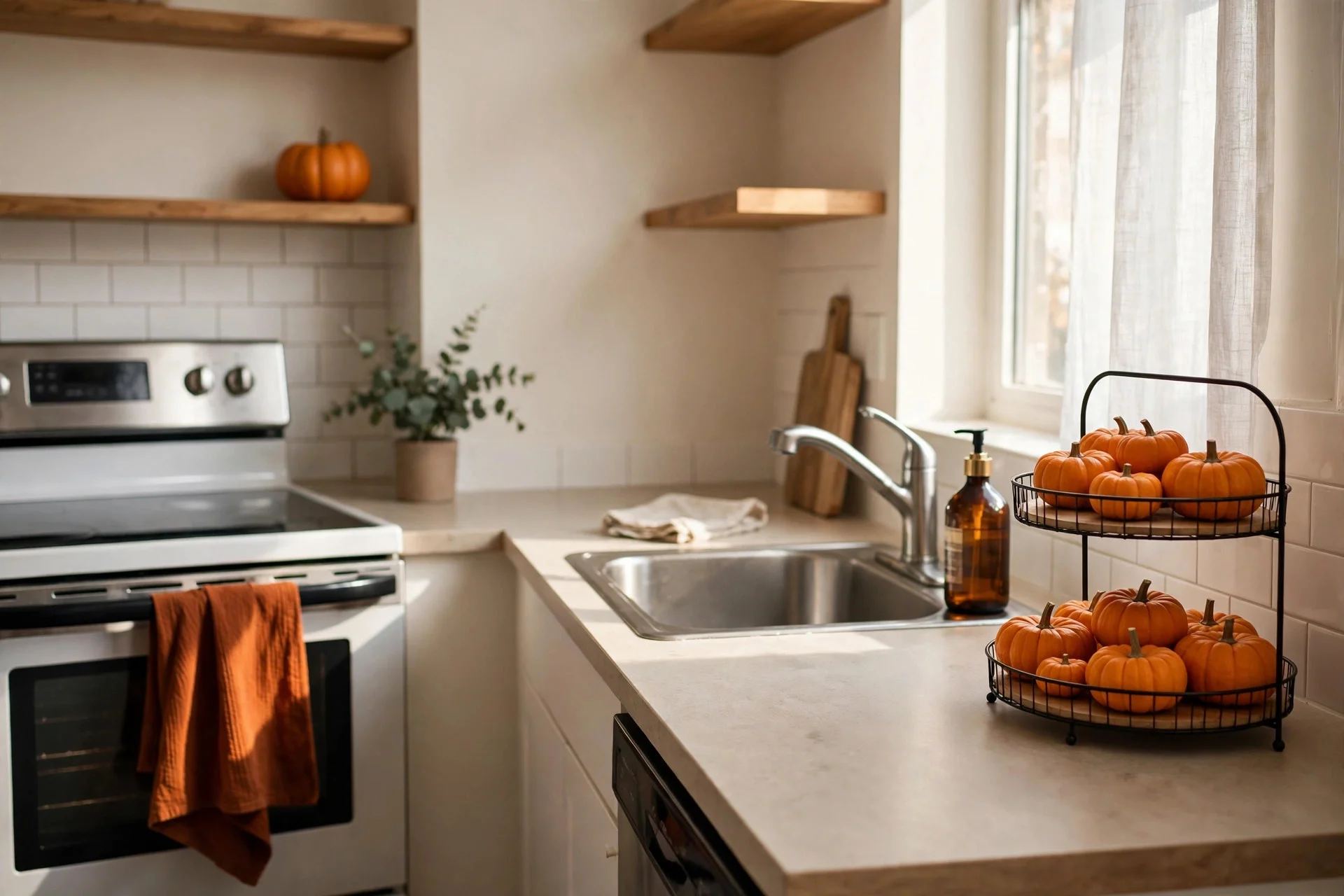 Apartment kitchen with Halloween dish towel, pumpkin and tiered tray