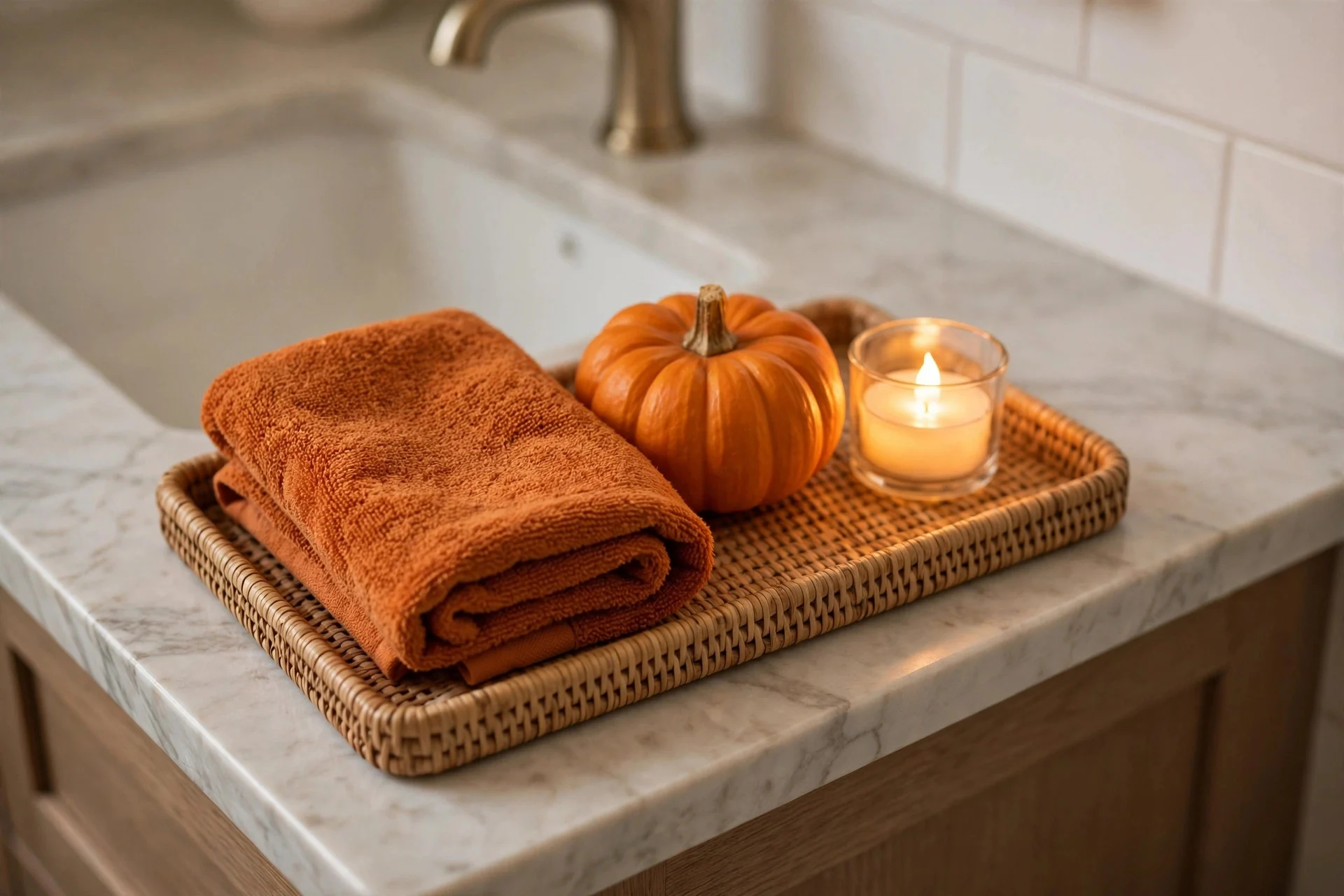 Bathroom vanity tray with orange towel, mini pumpkin and LED candle