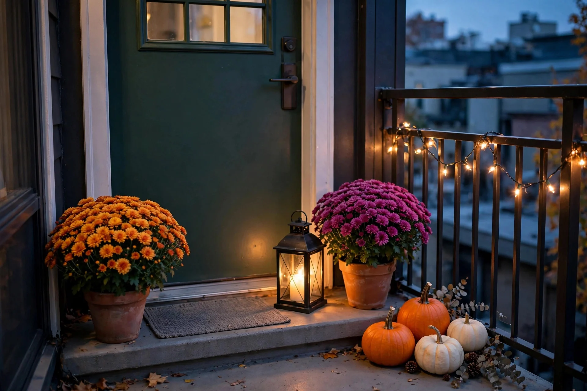 Apartment balcony door dressed with mums, lantern and string lights