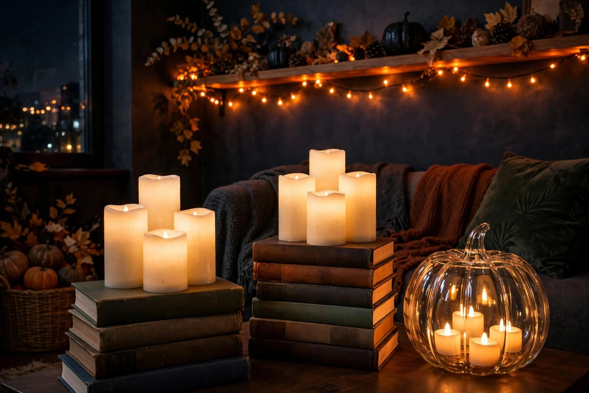 Apartment glowing with LED candles and orange string lights