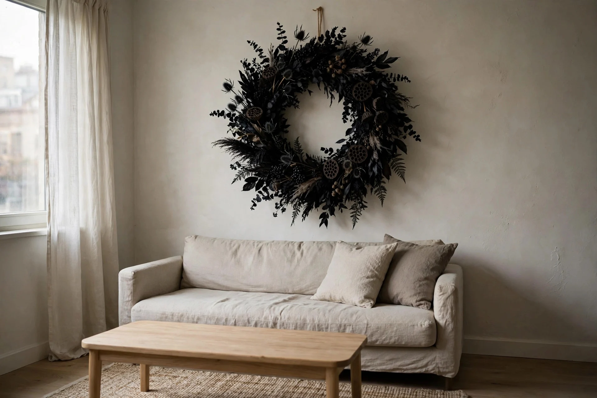 Oversized black foliage wreath as a single statement above a sofa