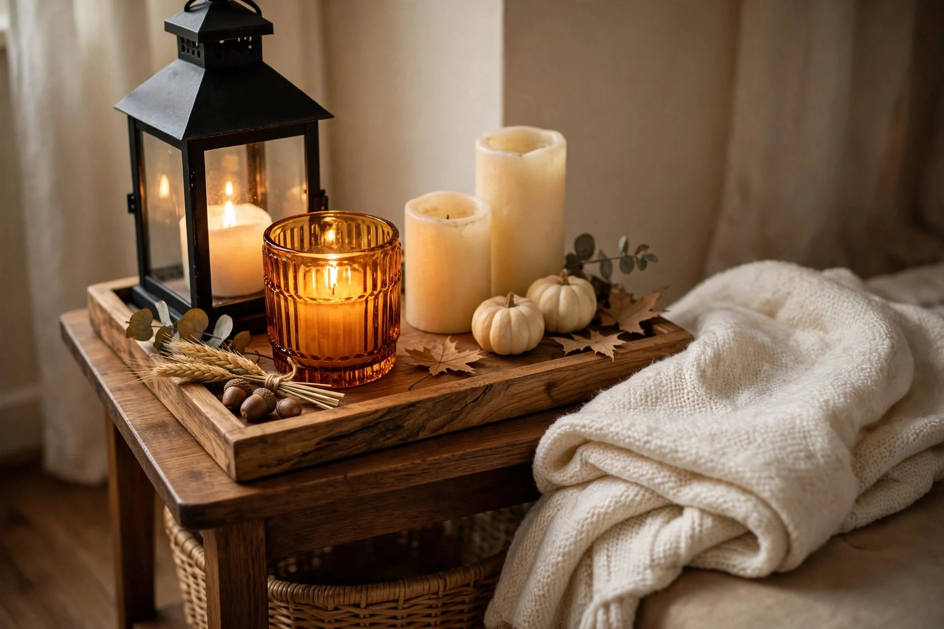 Black lantern and amber glass styled for double-duty Halloween decor