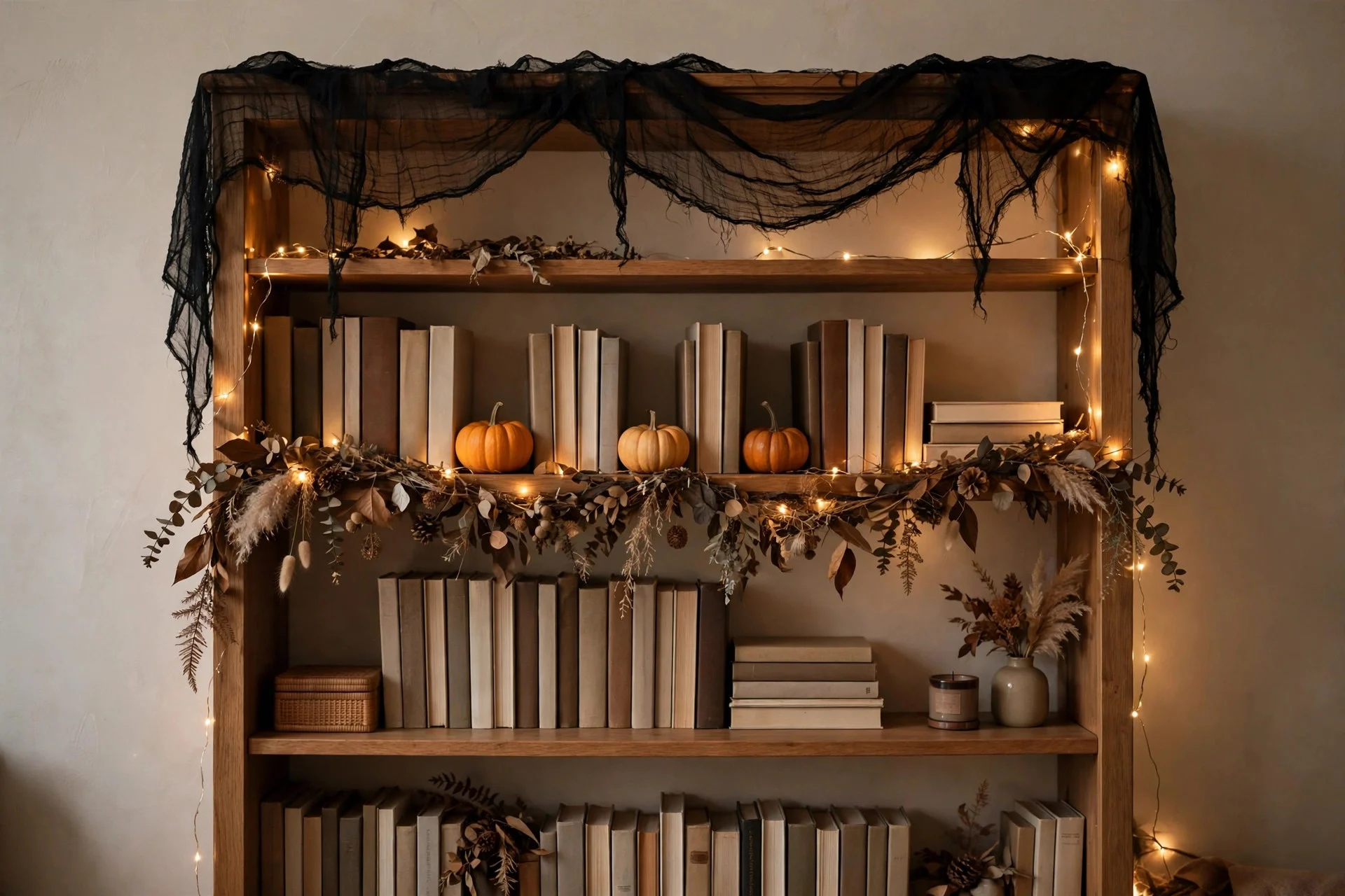 Bookshelf styled with Halloween garland, pumpkins and cheesecloth