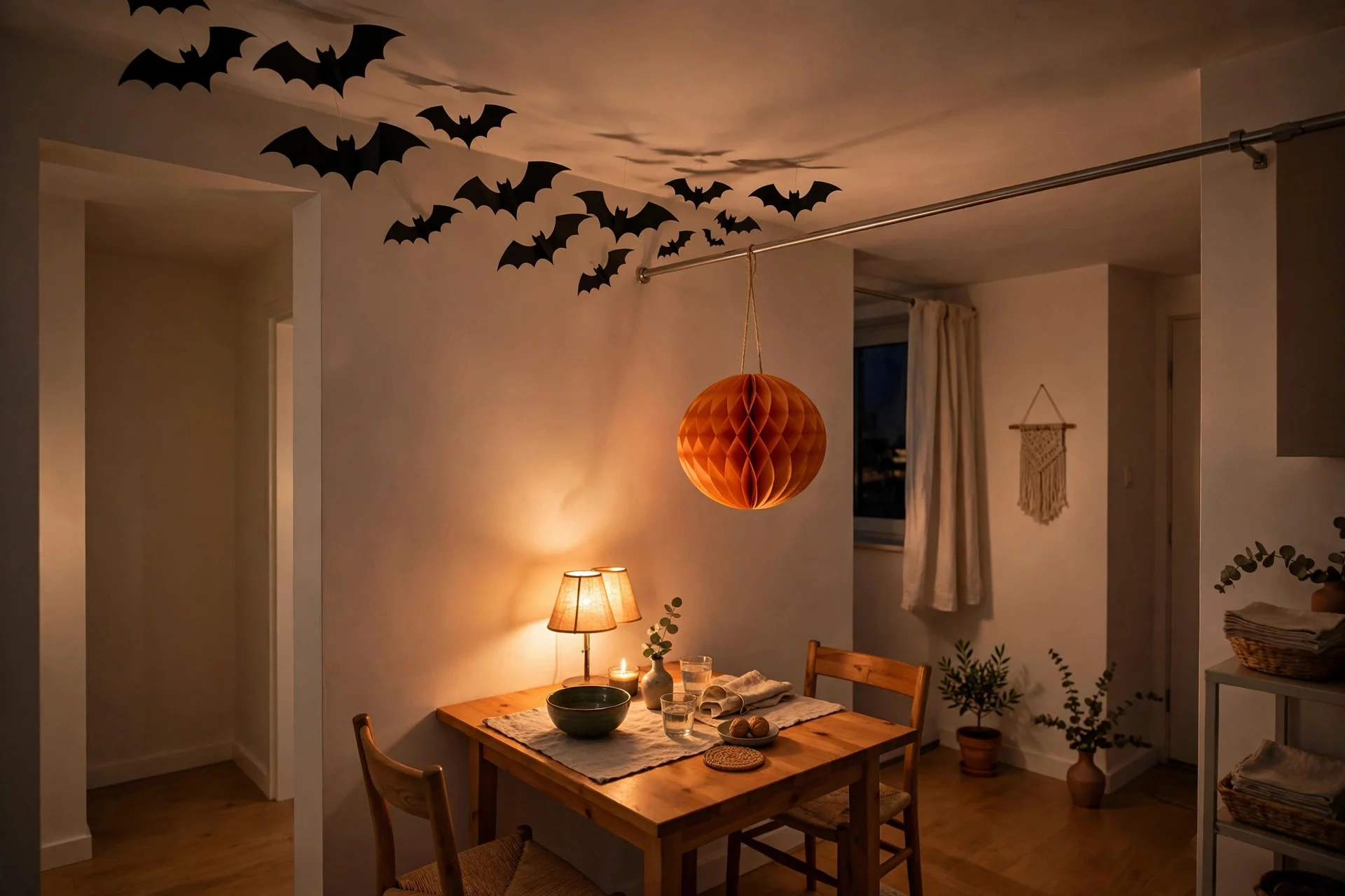 Paper bats flying across an apartment ceiling corner