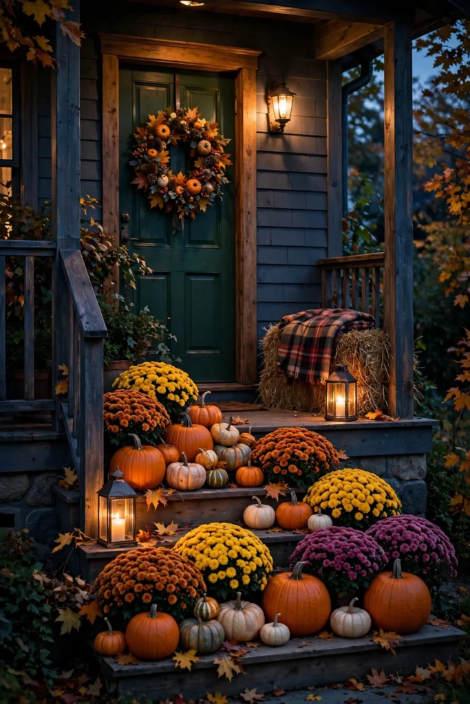Front porch decorated for Halloween at dusk with pumpkins, lanterns and fall wreath