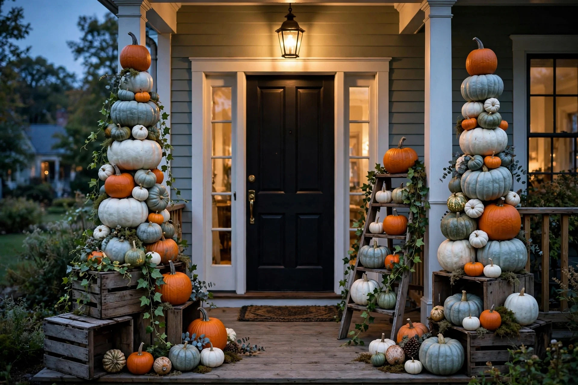 Layered pumpkin tower display flanking a front door