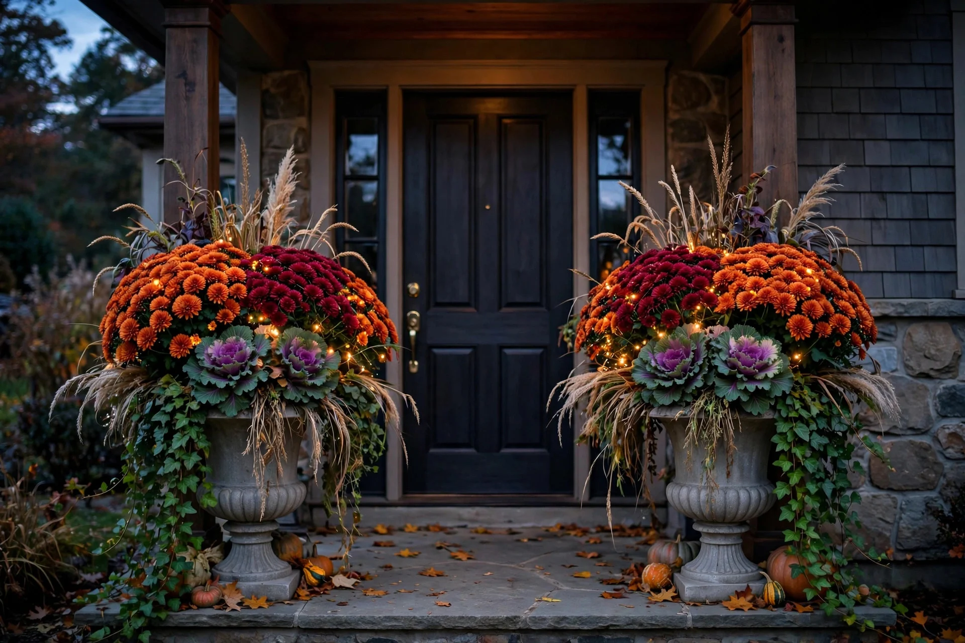 Overflowing mums and fall planters with fairy lights on a porch