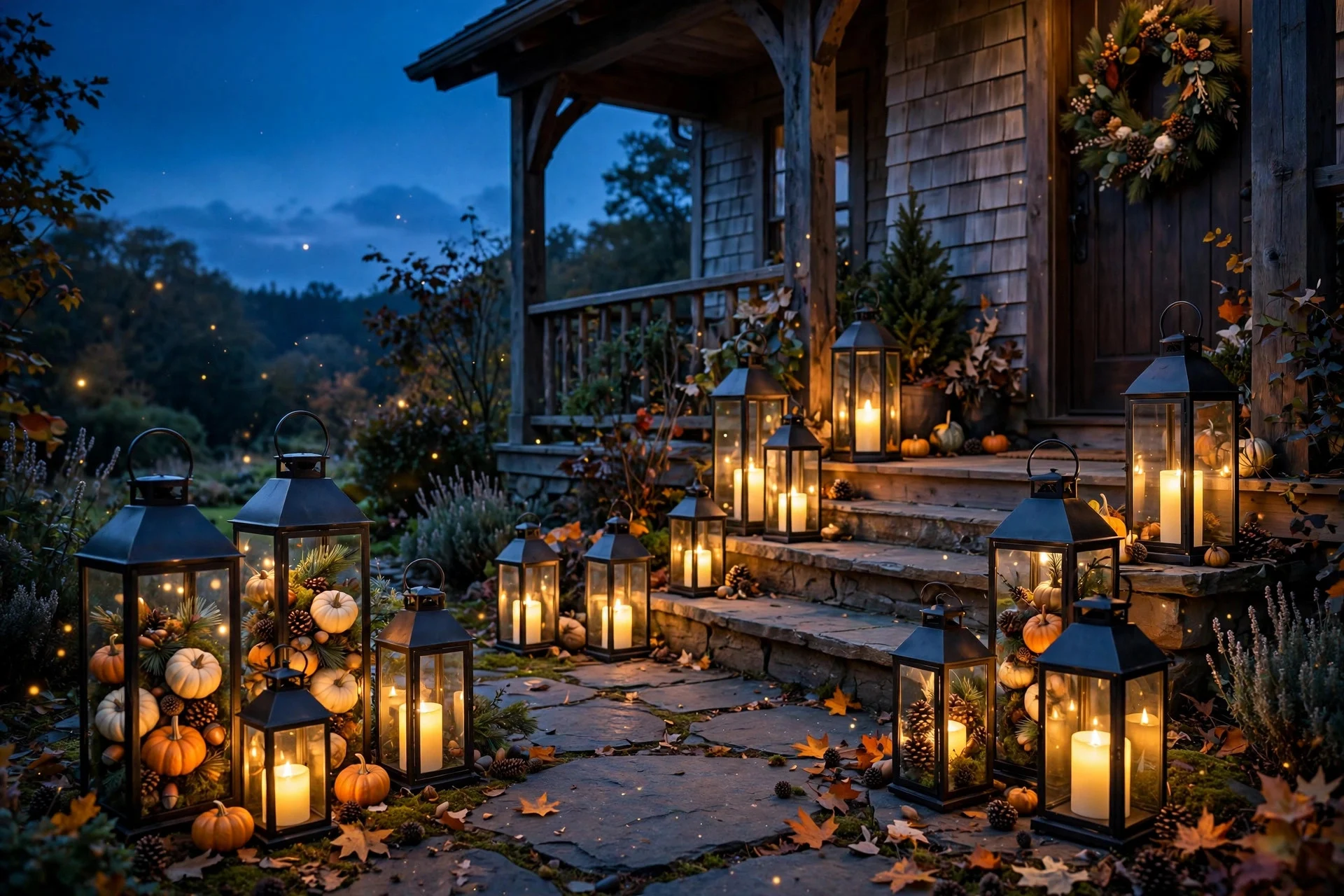 Glowing lantern path leading to a Halloween-decorated porch