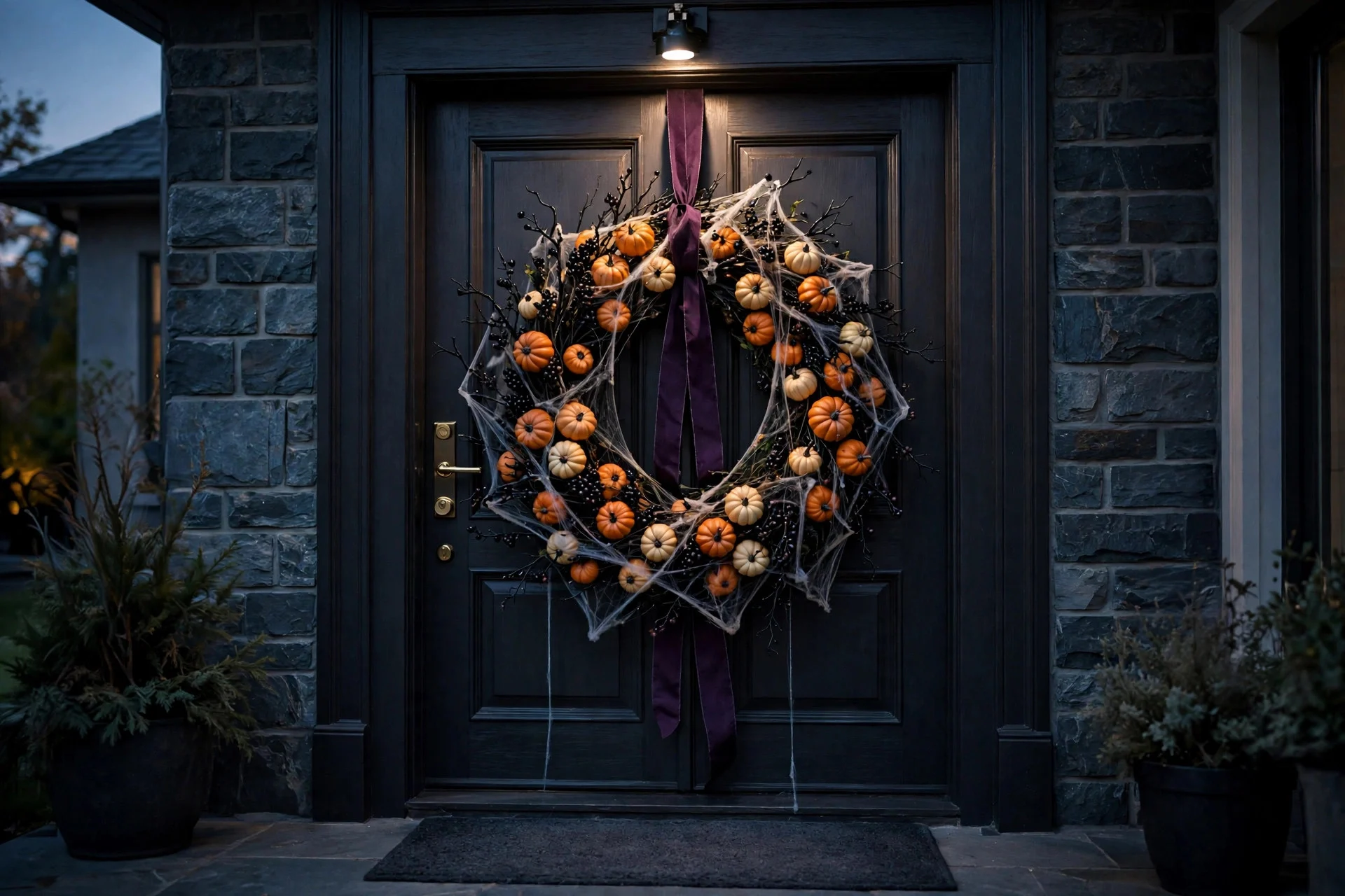 Oversized black-branch Halloween wreath with spotlight on a front door