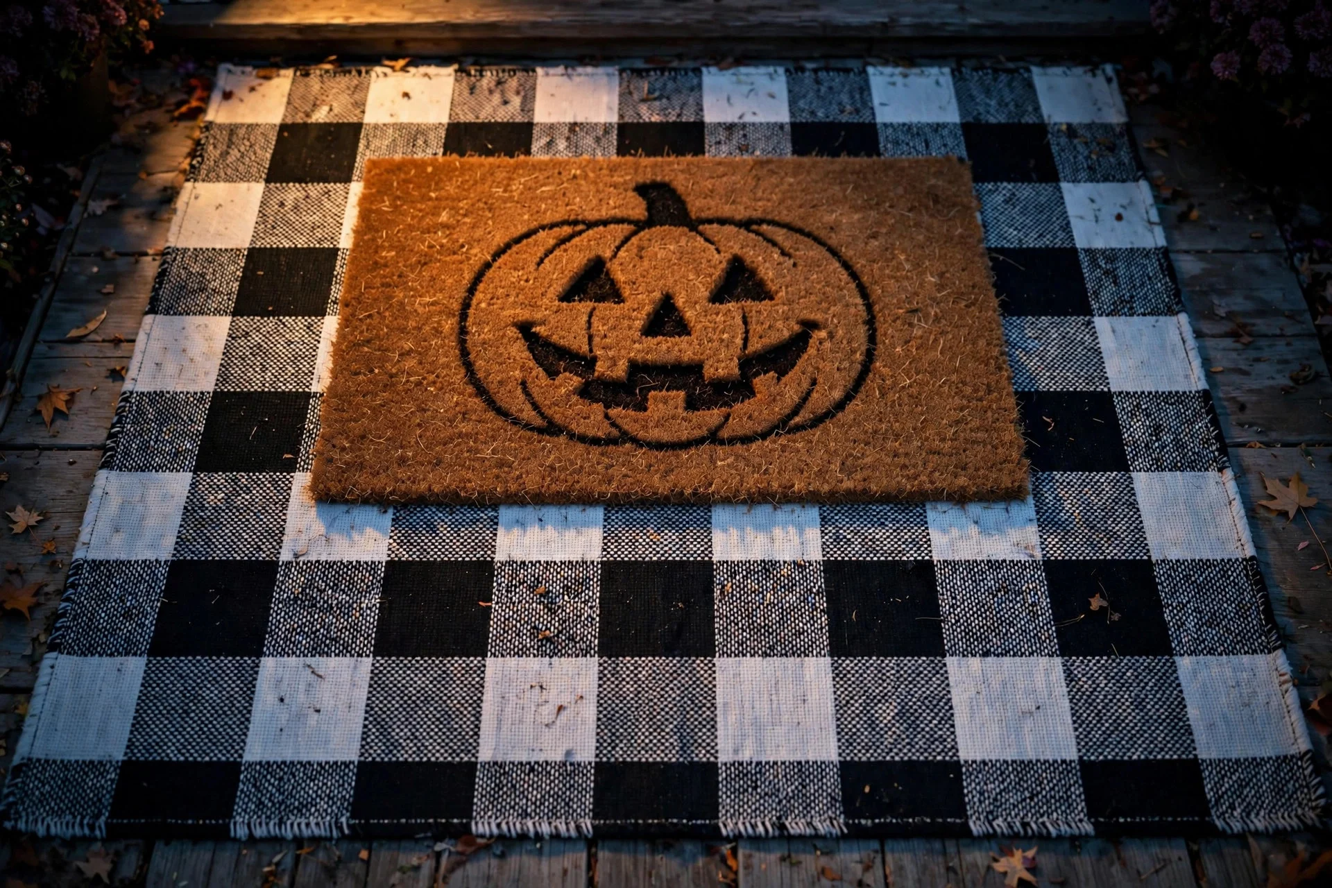 Halloween doormat layered over a buffalo-check outdoor rug