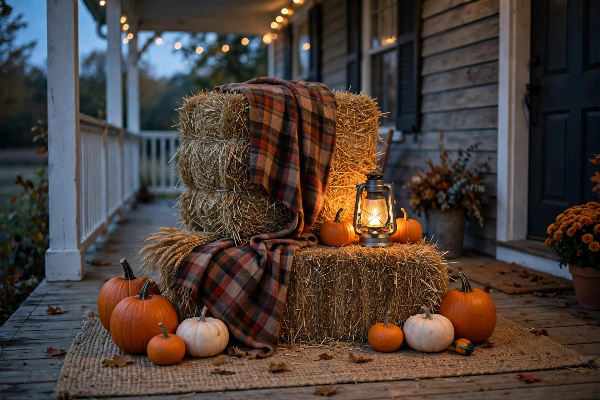 Hay bale seating vignette with plaid throw and pumpkins on a porch