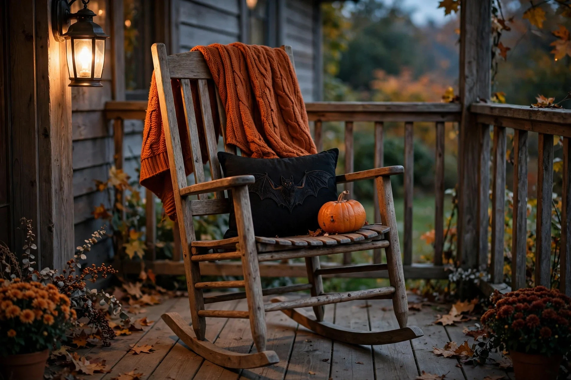 Porch rocking chair with burnt-orange Halloween throw and pillow