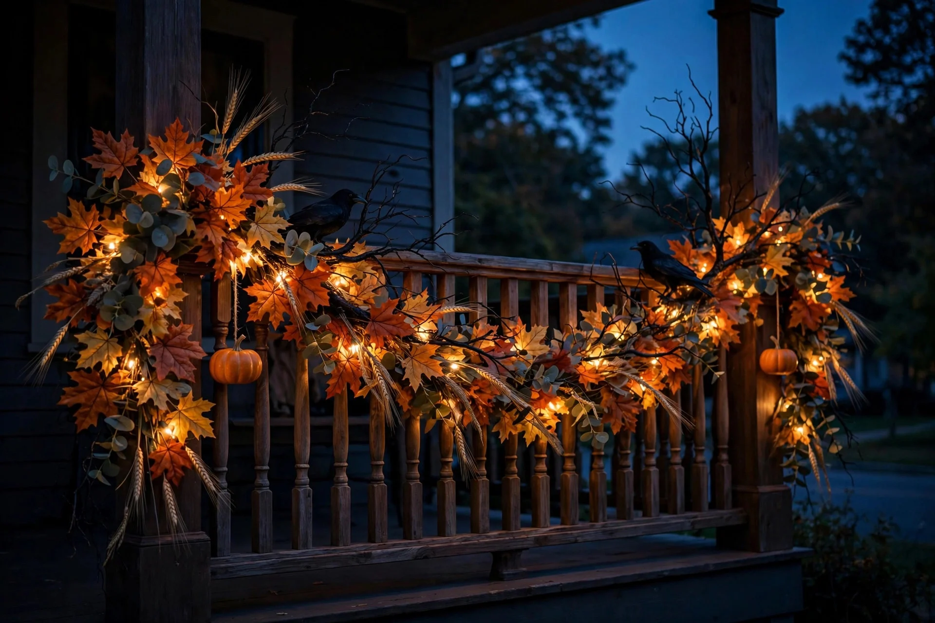 Porch railing wrapped in fall garland with string lights