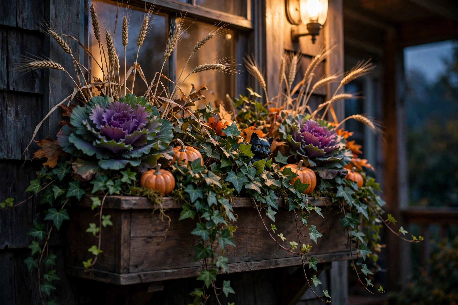 Window box filled with fall foliage, pumpkins and berries