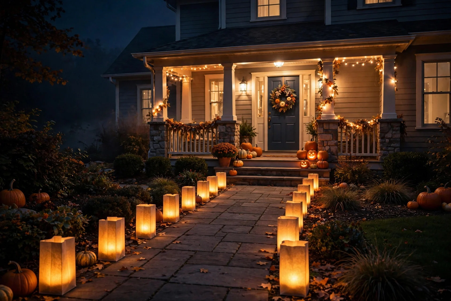 Luminaria path lights guiding trick-or-treaters to a porch at night