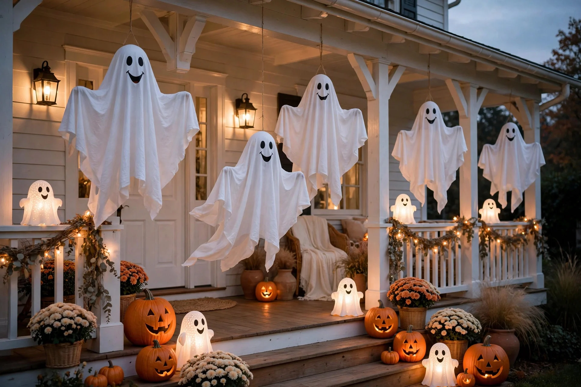 Friendly smiling ghost decorations hanging on a kid-friendly porch