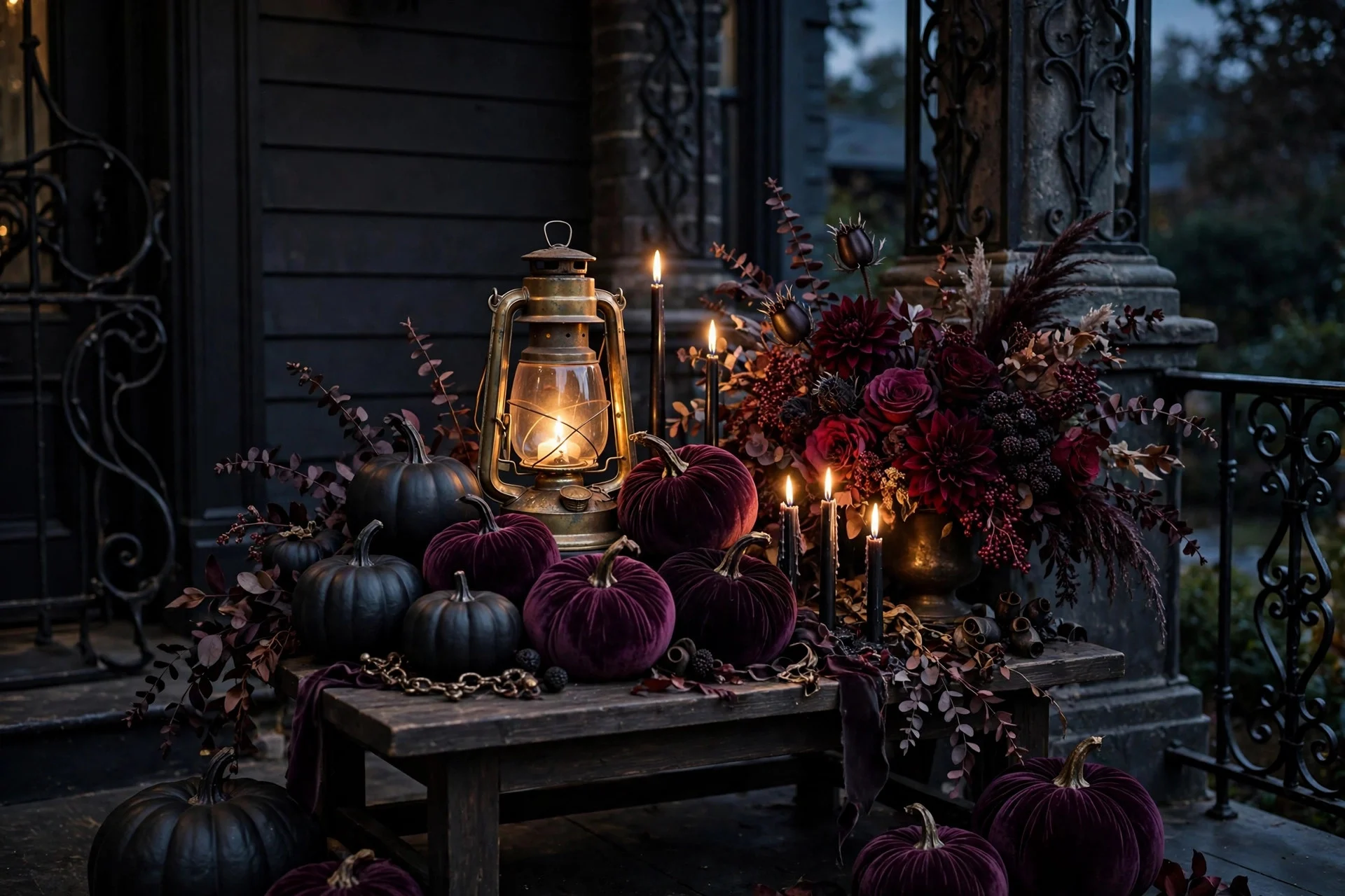 Moody elegant Halloween porch with black pumpkins and burgundy florals
