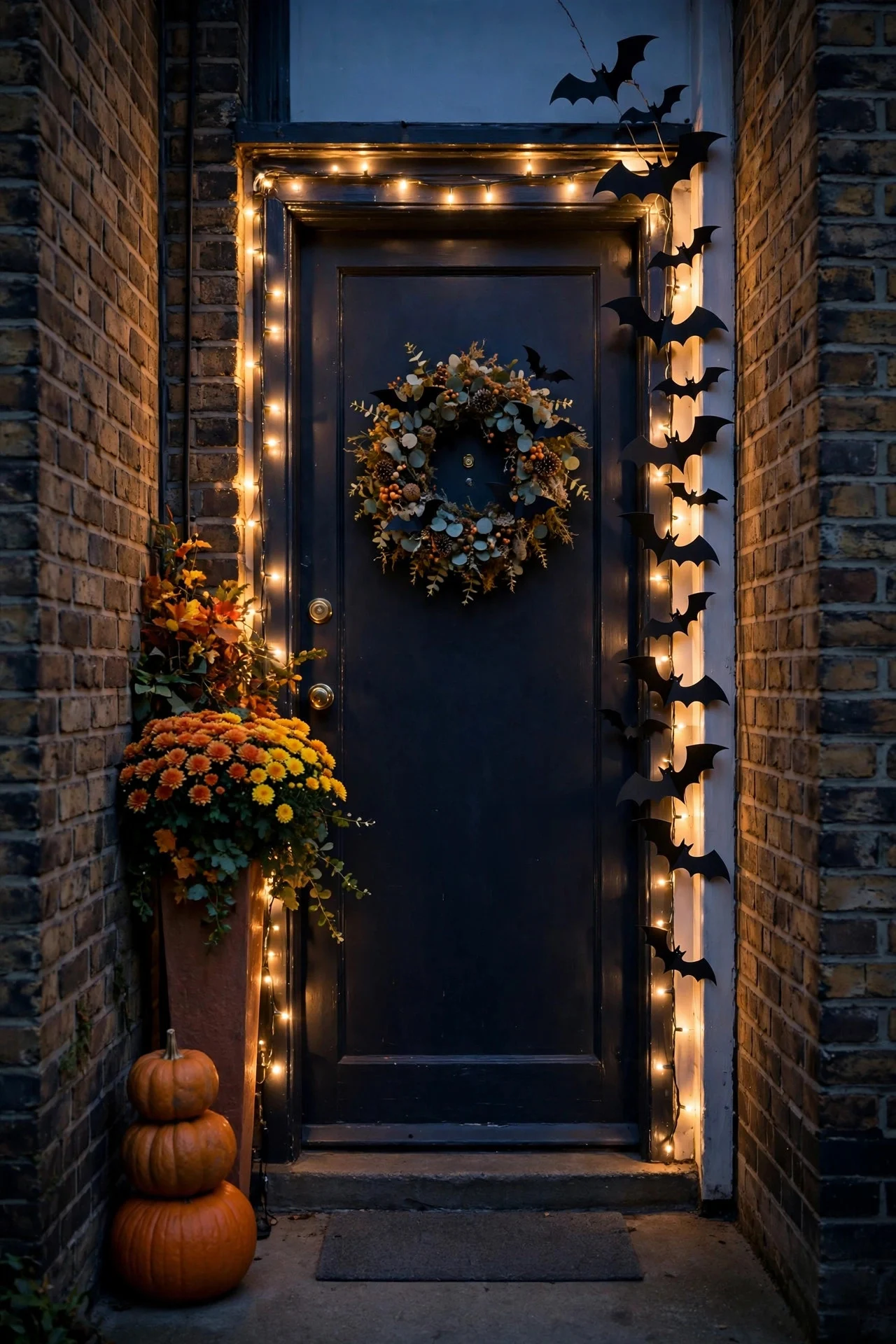 Small apartment entry decorated vertically for Halloween