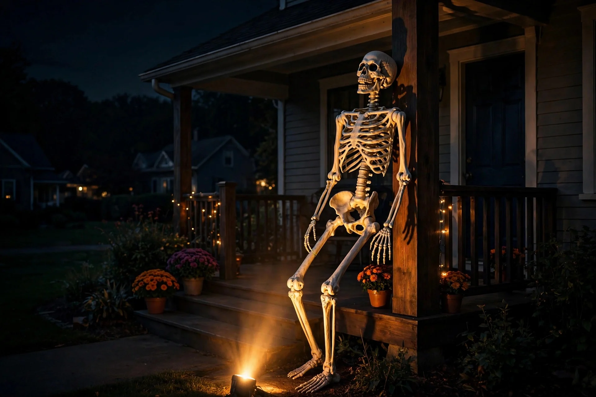 Giant skeleton statement piece with uplighting on a Halloween porch
